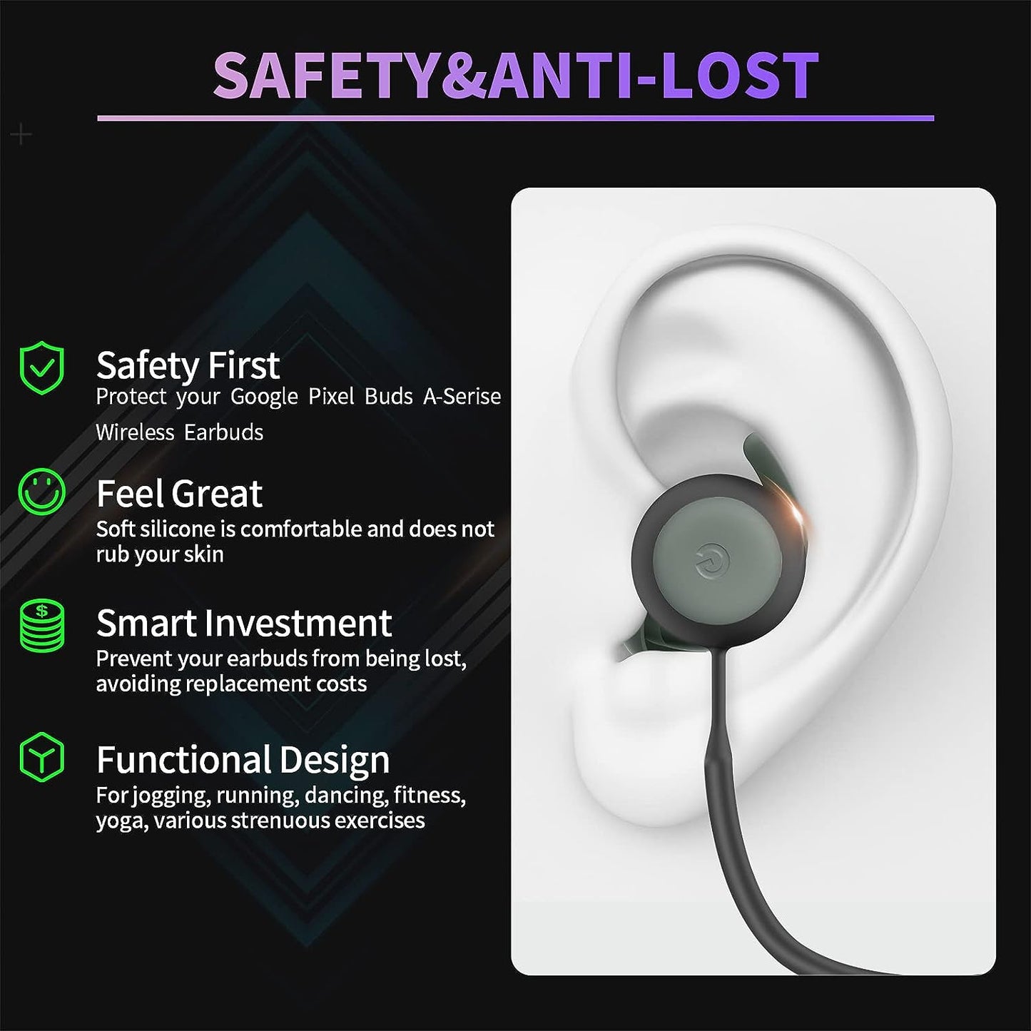 WOFRO Anti-Lost Strap for Google Pixel Buds A-Series Earbuds, Sports Soft Silicone Lanyard Accessories Compatible with Google Pixel Buds A-Series Wireless Earbuds Neck Rope Cord (Black)  WOFRO   