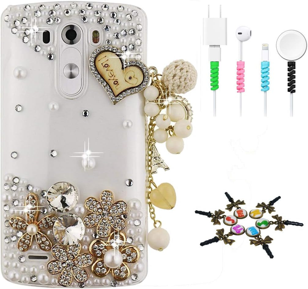 STENES Bling Case Compatible with LG G8 Thinq - Stylish - 3D Handmade Sparkle Series Bowknot Design Cover with Cable Protector [4 Pack] - Pink  STENES Heart Pendant Flowers / Gold Design For Lg G8 Thinq 