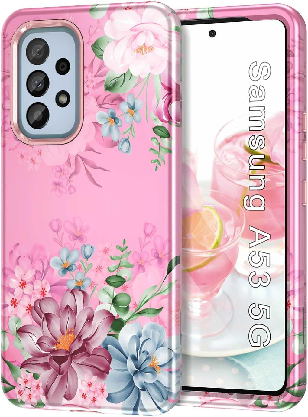 Btscase for Samsung Galaxy A53 5G Case, Marble Pattern 3 in 1 Heavy Duty Shockproof Full Body Rugged Hard Pc+Soft Silicone Drop Protective Women Girl Cover for Samsung Galaxy A53 5G,Drift Sand/Purple  Btscase Pink Flower  