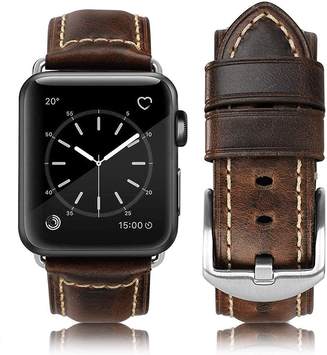 HUAFIY Compatible for Apple Watch Bands 42Mm 44Mm45Mm 49Mm 38Mm 40Mm41Mm, Genuine Leather Band Strap for Iwatch Series 8,7,6,5,4,3,2,1, Ultra Sport SE  huahuei Retro Coffee silver Buckle 42mm 44mm45mm49mm 