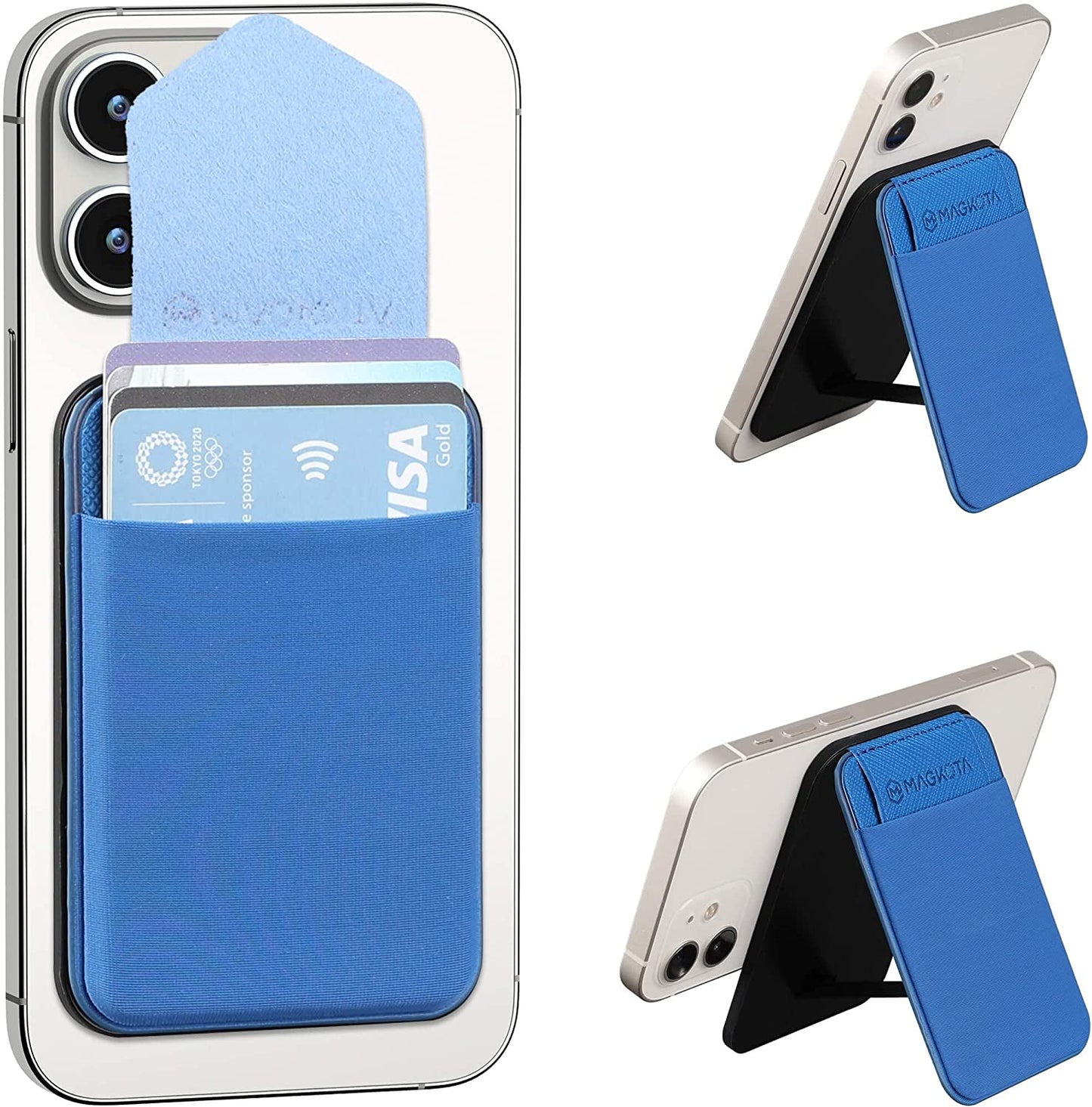 MAGKOTA Magsafe Wallet Max 5 Cards, Magnetic Card Holder Compatible with Iphone 14 /Iphone 13/ Iphone12 Series, Stretchy Fabric Iphone Wallet Stand with Flap,And Has 2 Viewing Angles (Black)  MAGKOTA Blue  
