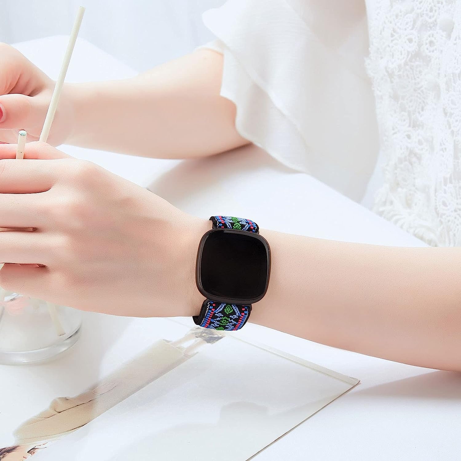 2 Pack Elastic Nylon Bands Compatible with Fitbit Versa 3/Fitbit Sense Women, Adjustable Stretchy Breathable Sport Wristband  YILED   