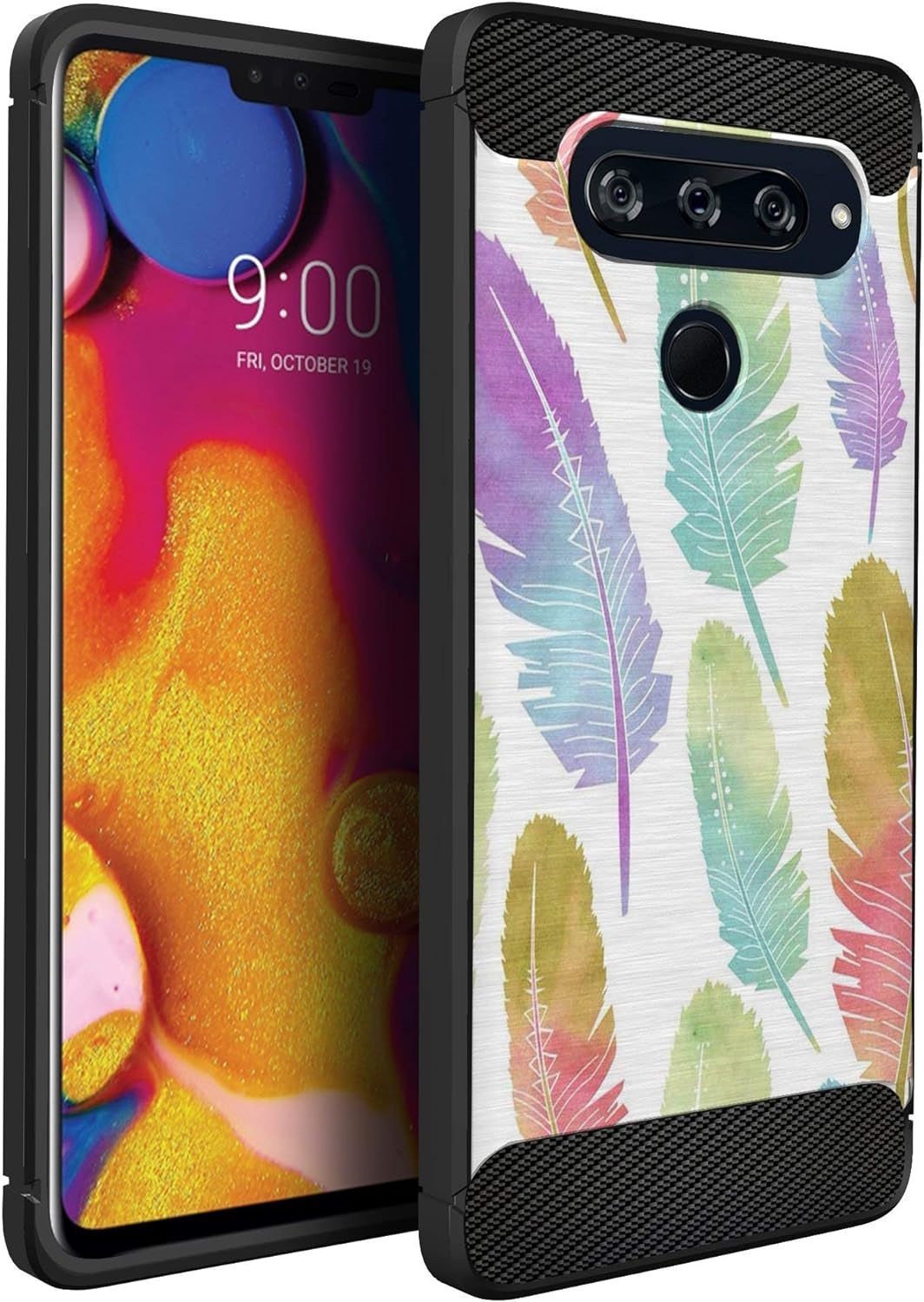 Casesondeck Fitted Case Compatible with [LG V40 Thinq] Carbon Fiber Accents Bump and Drop Protecting Flexible TPU (Blue Digital Camo)  CasesonDeck Colorful Feathers  