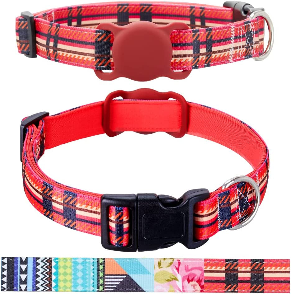 Airtag Cat Collar, Animire Soft Neoprene Padded Air Tag Collar for Extra Small Dogs, Polyester Puppy Pet Collar with Silicone Airtag Case Holder Accessories, 8"-12" Neck  Animire Red Plaid XS: 8"-12" neck 
