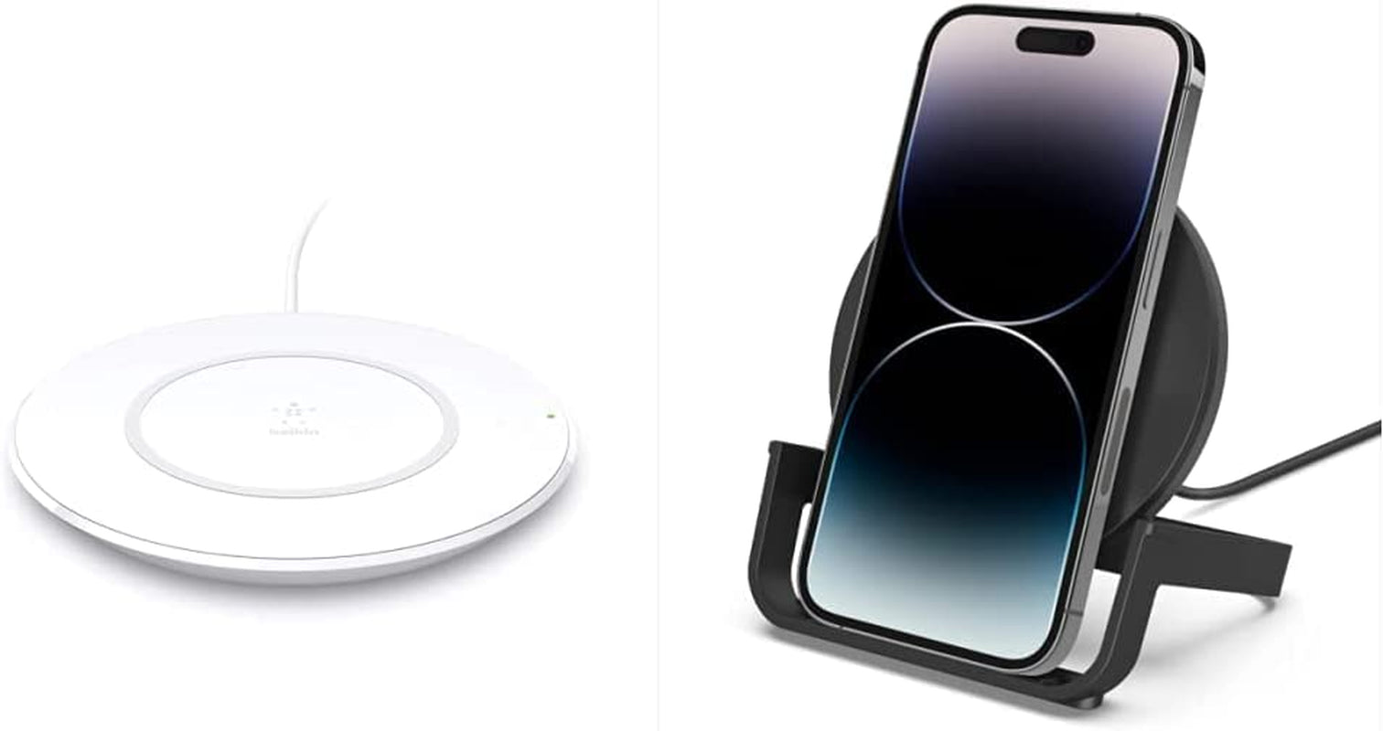 Belkin Quick Charge Wireless Charging Pad - 15W Qi-Certified Charger Pad for Iphone, Samsung Galaxy, Apple Airpods Pro & More - Charge While Listening to Music, Streaming Videos, & Video Calls - Black  Belkin white 7.5W Pad Charger + Charger - Black