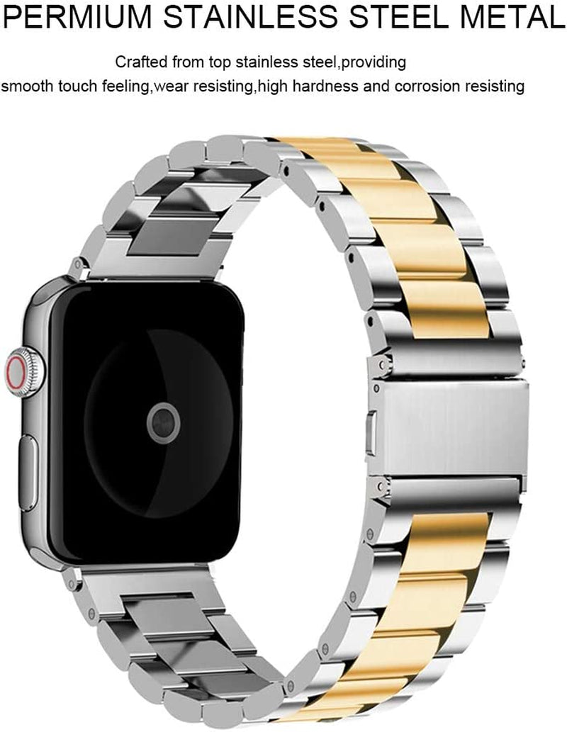 U191U Band Compatible with Apple Watch Stainless Steel Wristband Metal Buckle Clasp Iwatch 38Mm 40Mm 41Mm Strap Bracelet for Apple Watch Series 7/6/5/4/3/2/1 Sports Edition (Silver/Gold, 38/40/41MM)  U191U   