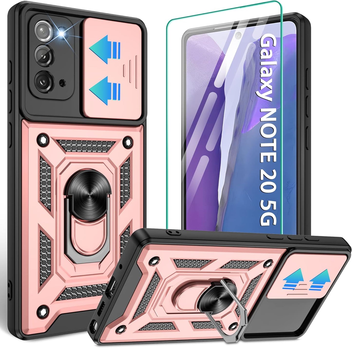 Compatible with Samsung Galaxy Note 20 5G Case,Samsung Note 20 Case with HD Screen Protector with Slide Camera Cover, 360°Rotation Ring Kickstand [Military Grade] Case for Galaxy Note 20,Silver  Gritup Rose Gold  
