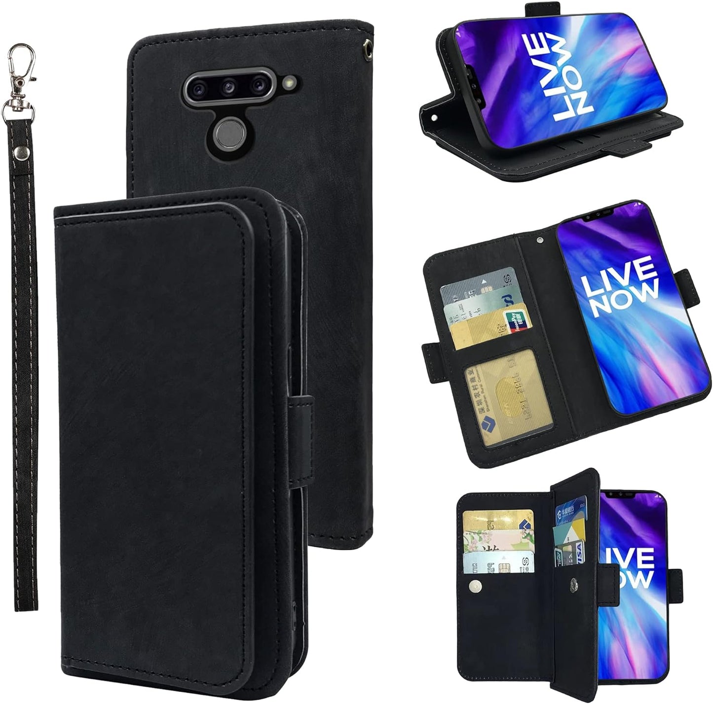 Furiet Compatible with LG V40 Thinq Wallet Case Wrist Strap Lanyard Leather Flip Card Holder Stand Cell Accessories Phone Cover for LGV40 Storm V 40 Thin Q V40Thinq LG40 40V 40Thinq Women Green  Furiet Black  
