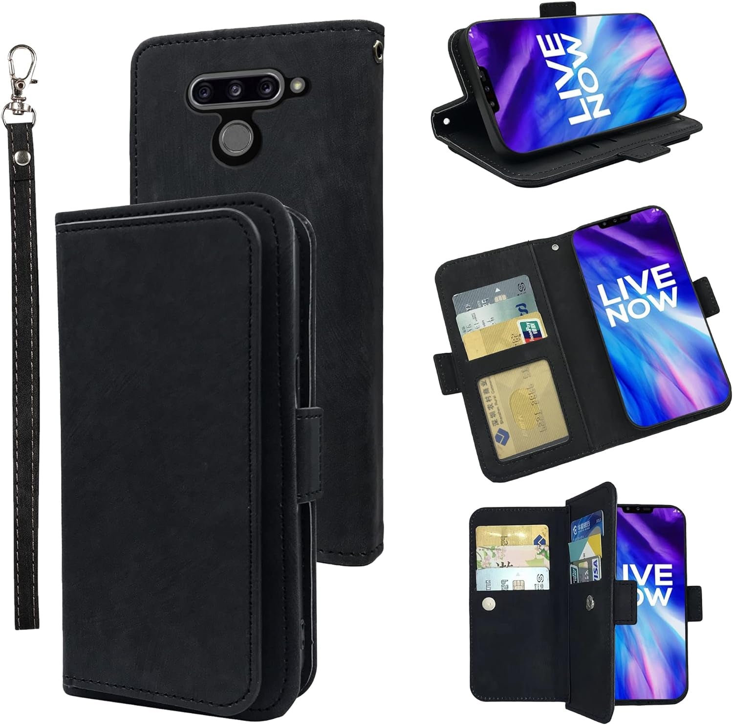 Furiet Compatible with LG V40 Thinq Wallet Case Wrist Strap Lanyard Leather Flip Card Holder Stand Cell Accessories Phone Cover for LGV40 Storm V 40 Thin Q V40Thinq LG40 40V 40Thinq Women Green  Furiet Black  