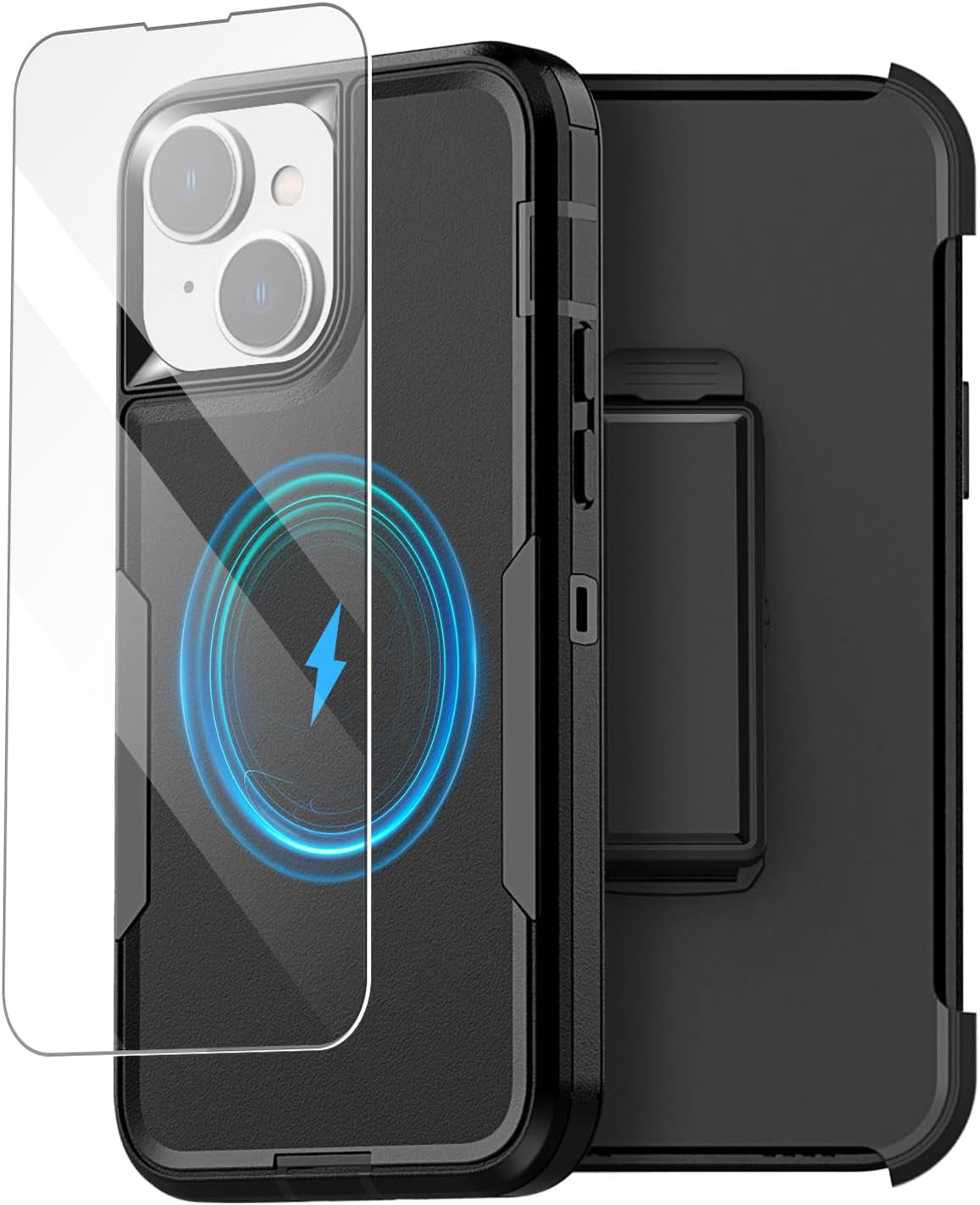 Aicase Magnetic Case for Iphone 14 Plus,Support Magnetic Car Mount Heavy Duty 2-Layer Pocket-Friendly Durable Military Grade Protection Shockproof/Dropproof Protective Cover for Iphone 14 plus 6.7"_1  AICase Black With Belt Clip+Glass Protector  
