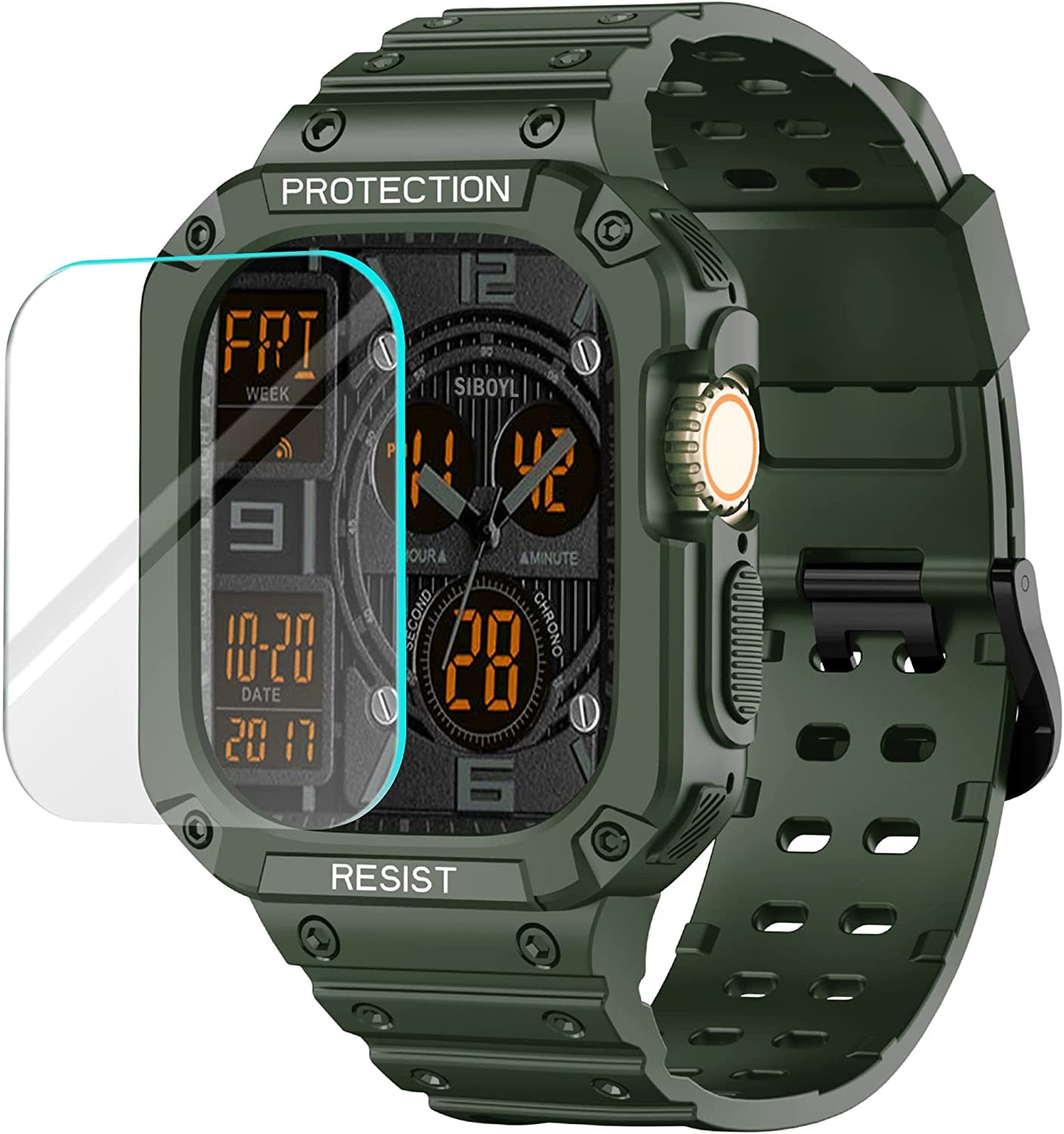 3 in 1 Rugged Band and Bumper Case with Screen Protector for Apple Watch Ultra Band 49Mm, Tempered Glass Film, Shockproof Protective Band for Men, Metal Clasp Sport Armor Band for Iwatch Ultra-Black  BuPa Army Green with Screen Protector 49mm 