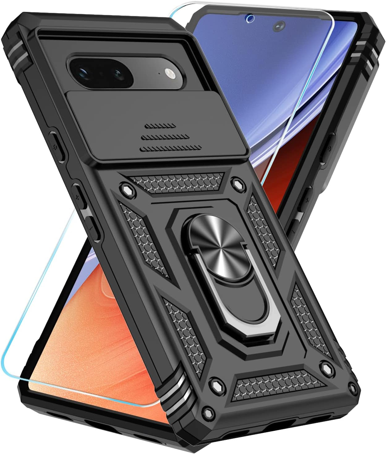 Sunstory for Google Pixel 7A Case with Tempered Glass Screen Protector & Slide Camera Cover & Kickstand, [Not for Pixel 7/7 Pro Phone], Google 7A Case [Military Grade] Case for Pixel 7A (Red)  SunStory Black  