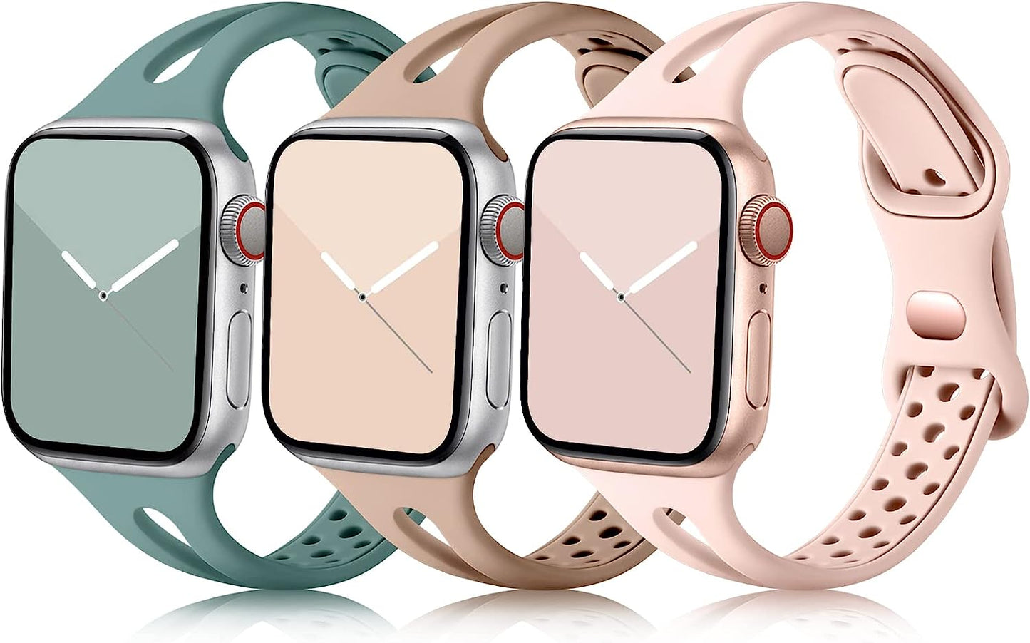 Ouwegaga Compatible with Apple Watch Band 38Mm 40Mm 41Mm 42Mm 44Mm 45Mm, Soft Silicone Slim Sport Breathable Holes Iwatch Bands Replacement Wristband for Iwatch SE & Series 7 6 5 4 3 2 1 for Women Men  Ouwegaga Milk Tea/Pink/Pine Green 38mm/40mm/41mm 