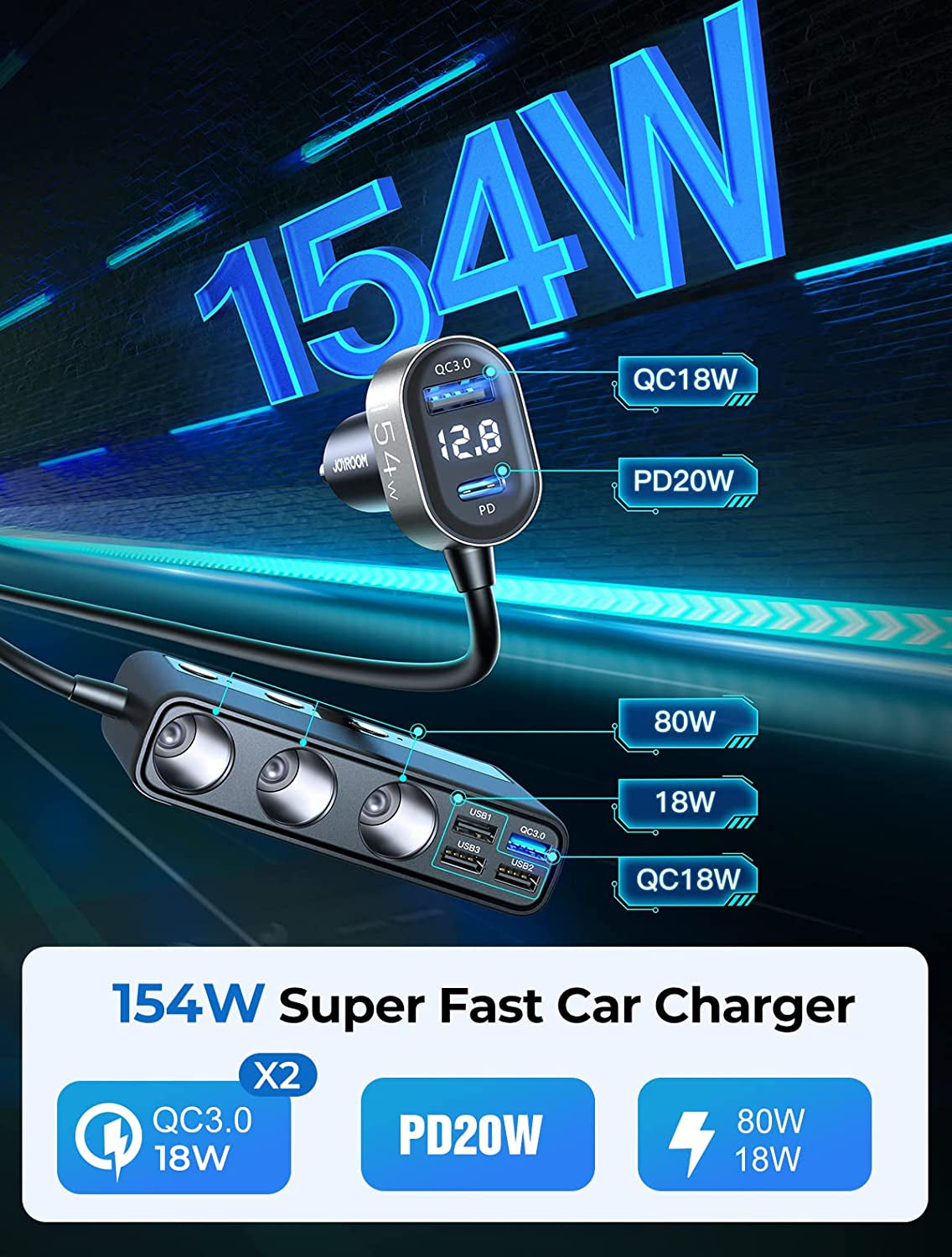 9 in 1 Car Adapter, Joyroom 3 Socket Cigarette Lighter Splitter with PD/QC 3.0 * 2 Charge(3.3Ft Cable), 154W 12V/24V Independent Switches DC Outlet Charger for All Car Devices  JOYROOM   