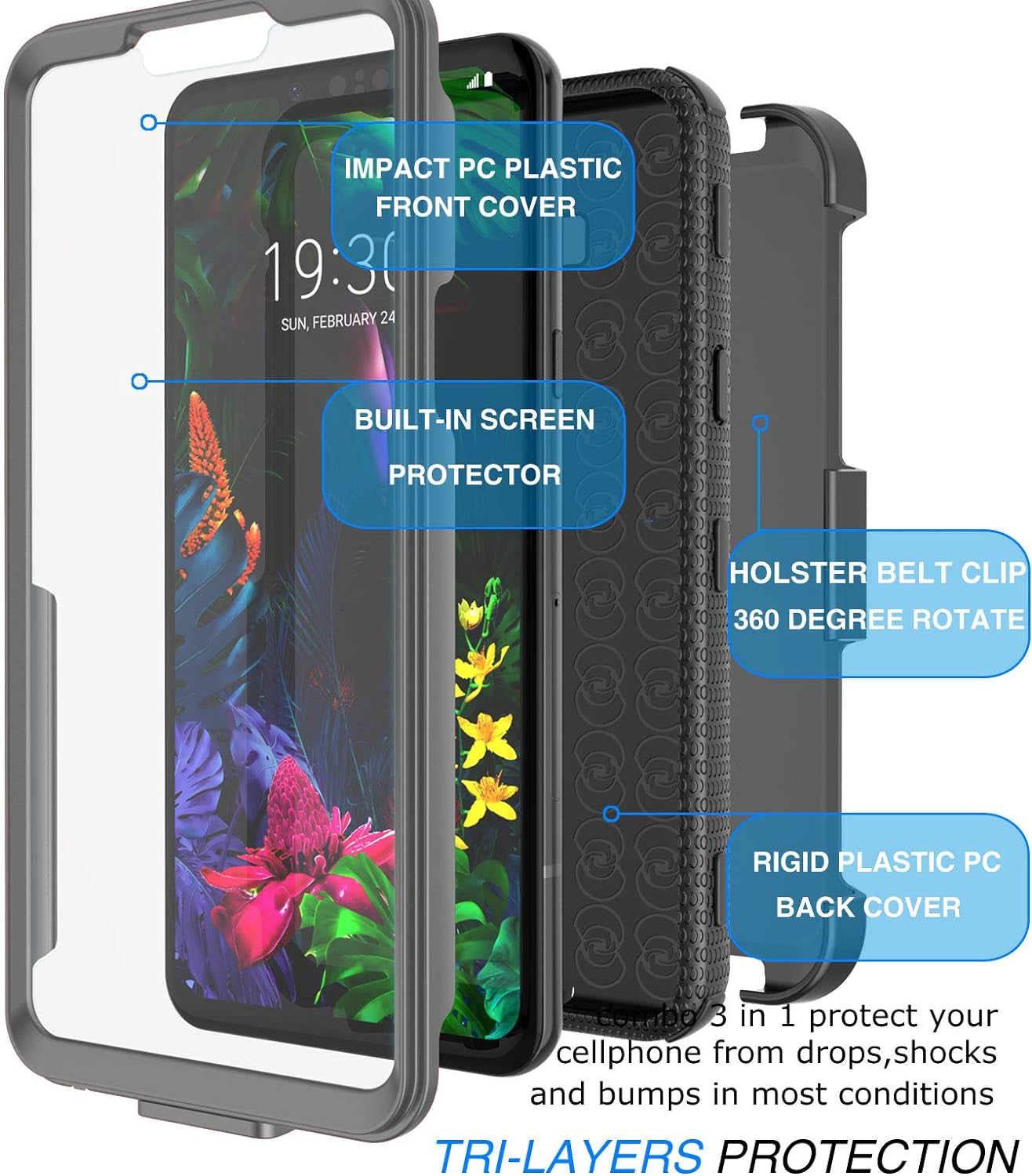 Tekcoo Holster Clip Case for LG G8 / LG G8 Thinq, [Tshell] Shock Absorbing [Built-In Screen] Secure Swivel Locking Belt Defender Full Body Kickstand Carrying Sturdy Phone Cases Cover [Gray]  Tekcoo   