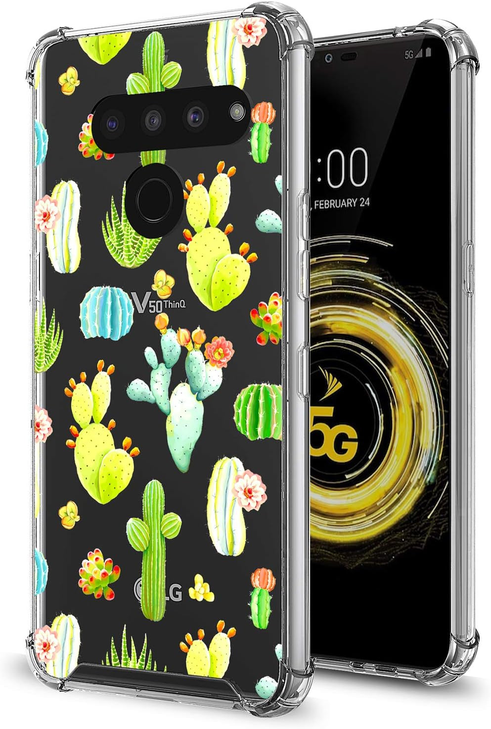 GORGCASE CASE Designed for LG V40 THINQ Slim Sleek Fit Hard PC Back Soft TPU Bumper Anti-Scratch [Shock Absorbing] Clear Fashion Pattern Full-Body Drop Protective Phone Cover for Girls Women Leaf  GORGCASE Clear Cactus  