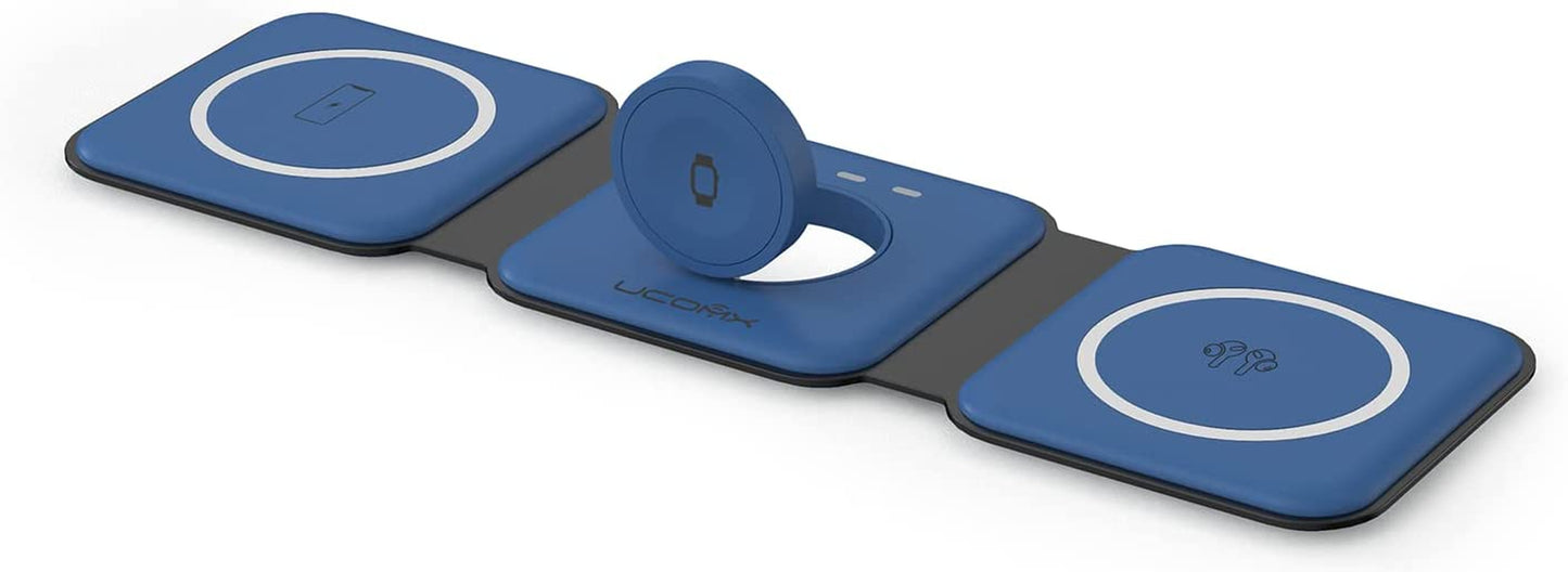 UCOMX Nano 3 in 1 Wireless Charger for Iphone,Magnetic Foldable 3 in 1 Charging Station,Travel Charger for Multple Devices for Iphone 14/13/12 Series,Airpods 3/2/Pro,Iwatch(Adapter Included)  Lilimlss LLC Deep Blue  