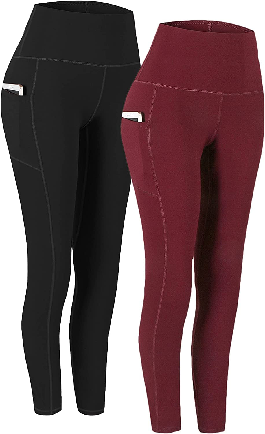 Fengbay 2 Pack High Waist Yoga Pants, Pocket Yoga Pants Tummy Control Workout Running 4 Way Stretch Yoga Leggings  Fengbay Black & Wine Red Large 