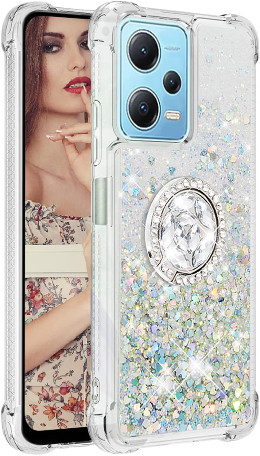 Ccsmall Glitter Clear Sparkly Bling Case for Xiaomi Redmi Note 12 4G, Flowing Liquid Quicksand Cover with Diamond Ring Holder Case for Xiaomi Redmi Note 12 4G LSZ Silver  CCSmall   