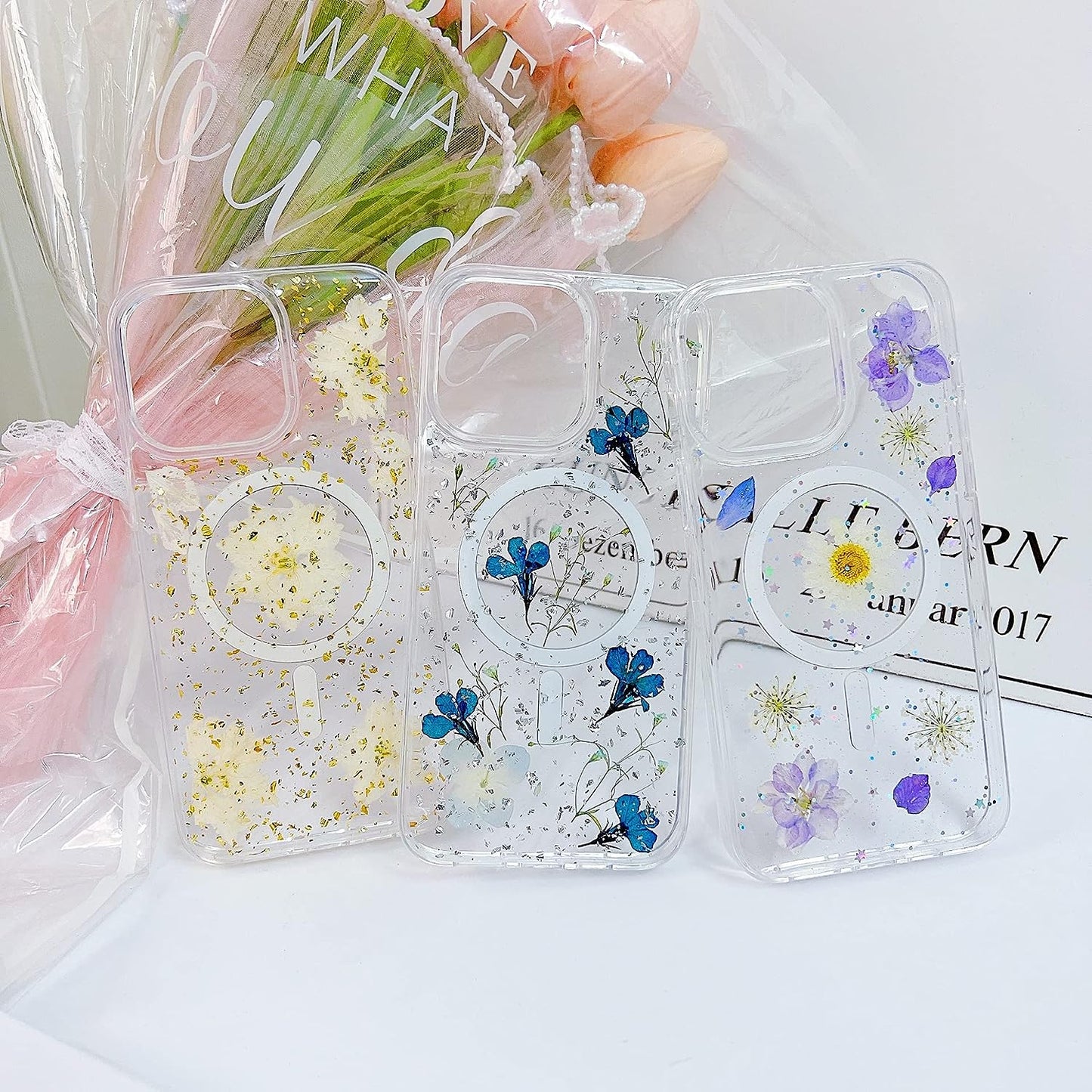 Ytanazing Magnetic Floral Case for Iphone 14 Pro Max [Compatible with Magsafe], Real Flowers Glitter Design Aesthetic Slim Shockproof Protect Sparkle Unique Silicone Phone Cover for Women Girls(Gold)  YTanazing   