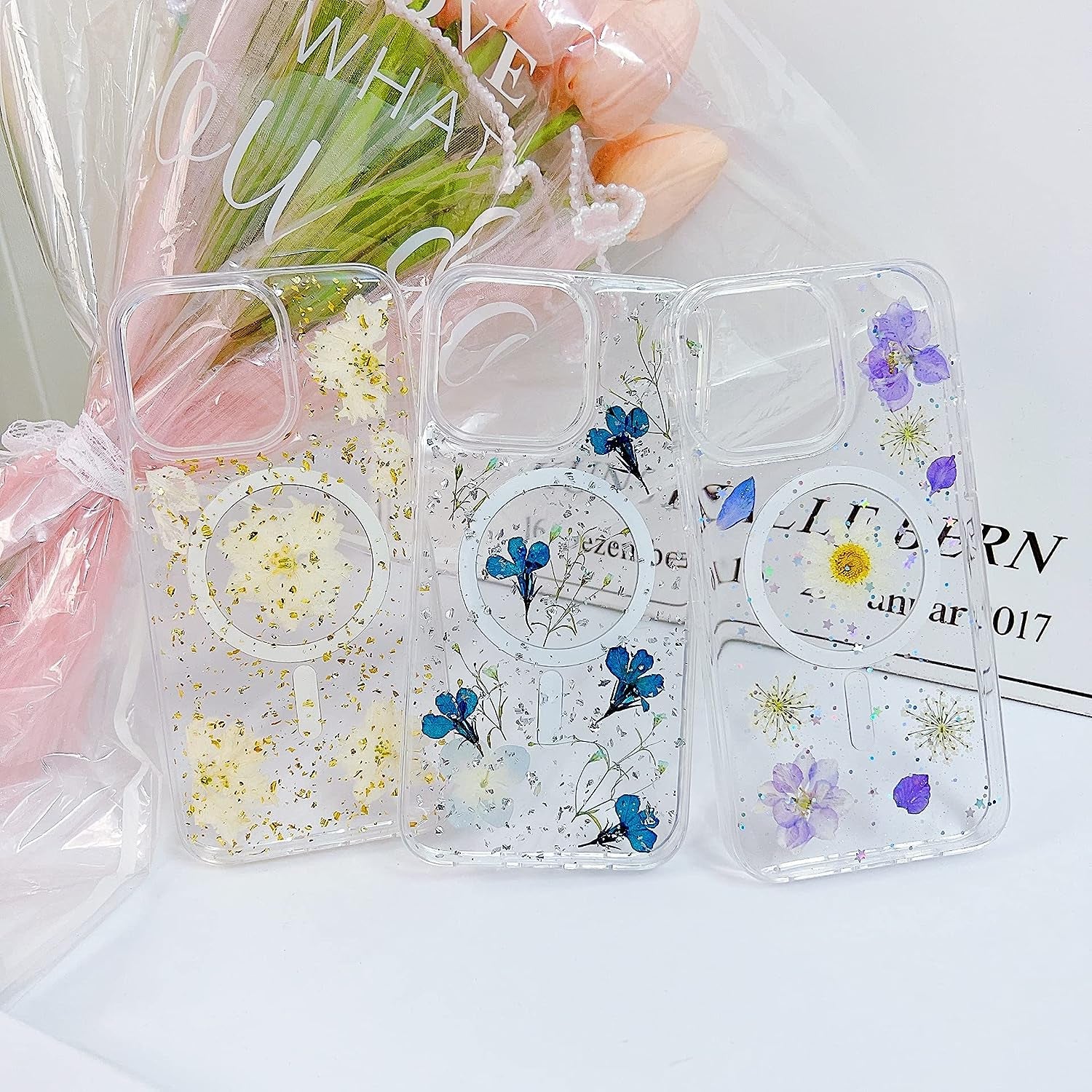 Ytanazing Magnetic Floral Case for Iphone 14 Pro Max [Compatible with Magsafe], Real Flowers Glitter Design Aesthetic Slim Shockproof Protect Sparkle Unique Silicone Phone Cover for Women Girls(Gold)  YTanazing   