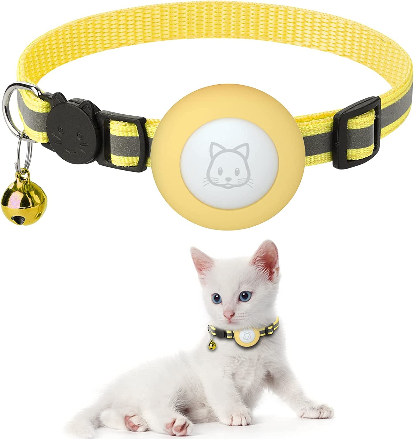 Airtag Cat Collar with Breakaway Bell, Reflective Paw Pattern Strap with Air Tag Case for Cat Kitten and Extra Small Dog (Pink Reflective Paw)  Kuaguozhe US Yellow  