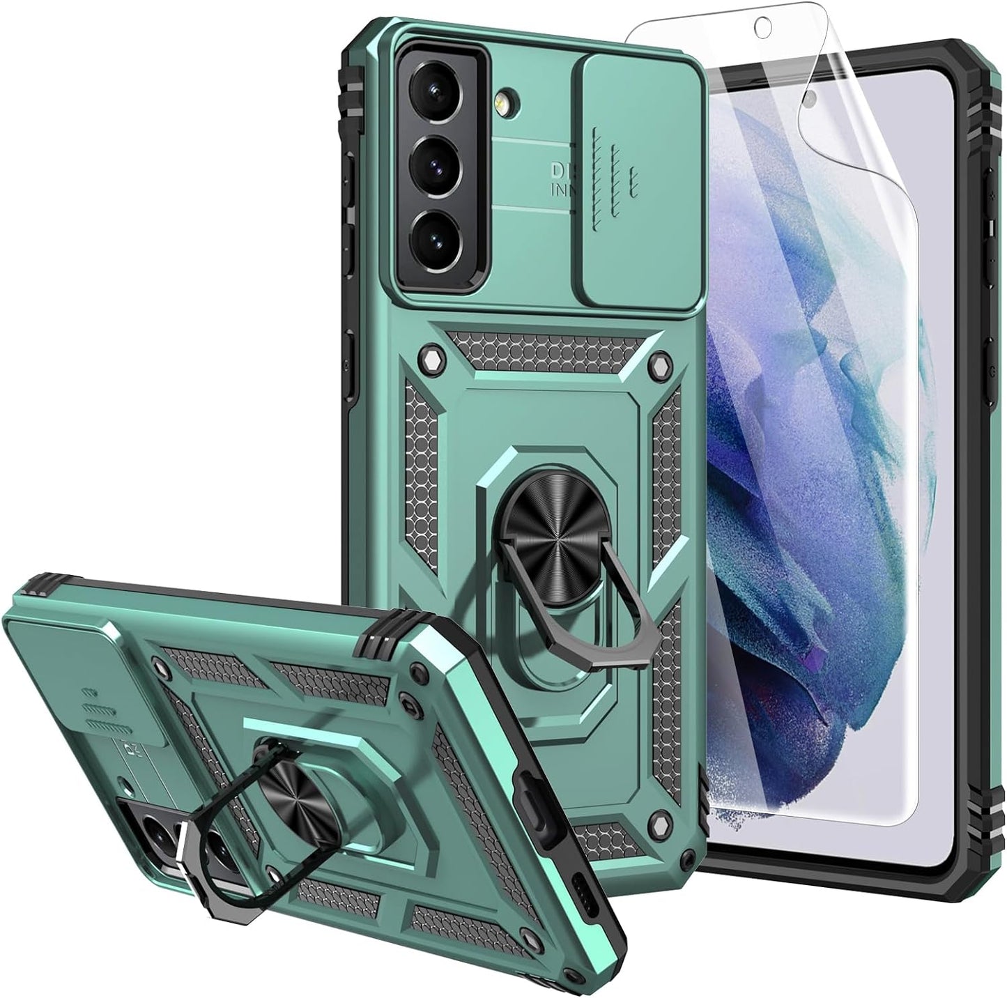 For S21 Case,Galaxy S21 Case,With Screen Protectors and Camera Cover,[Military Grade] 16Ft.Drop Tested Cover with Magnetic Kickstand Protective Case for Samsung Galaxy S21, Purple  SKMY Green  