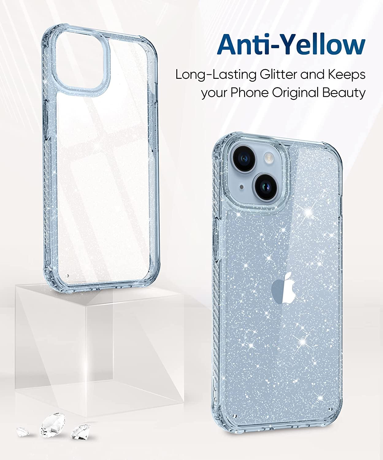 MIODIK Compatible with Iphone 14 Case with Screen Protector + Camera Lens Protector, Non Yellowing Clear Glitter Protective Phone Case, Women Girls Cover for Iphone 14 6.1 Inch 2022 - Sparkle Blue  MIODIK   