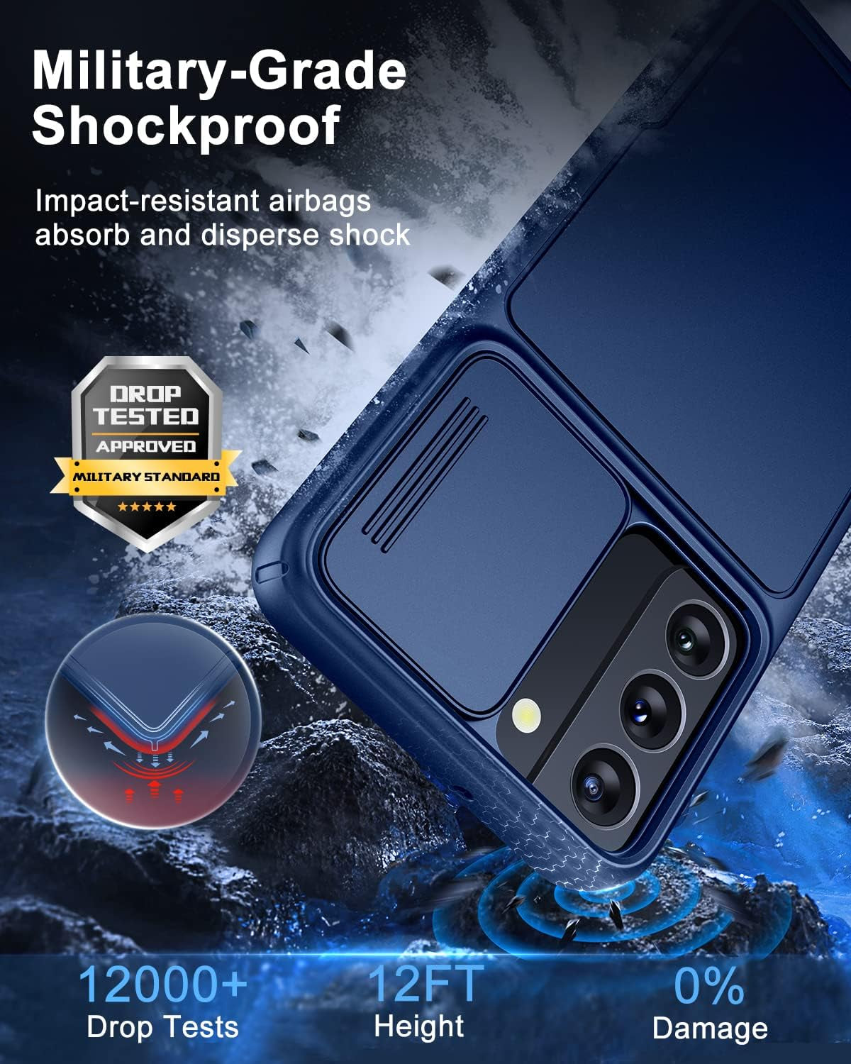 Simtect Designed for Samsung Galaxy S22 Case with Camera Cover [12FT Military Shockproof] [Airbag Protection] Slide Camera Cover Protection for Samsung Galaxy S22 Case 5G 6.1 Inch, Navy Blue  YSKWA   