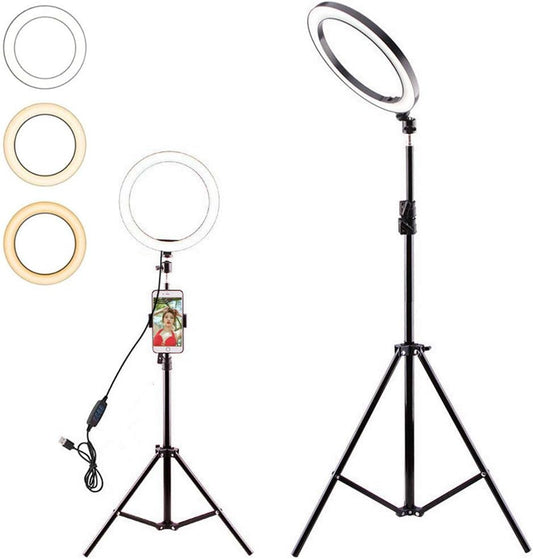 10" Selfie Ring Light with Tripod Stand & Cell Phone Holder for Live Stream Makeup, Dimmable Led Camera Ring 3 Light Modes Fill Light for Youtube Video Photography Shooting Vlog with USB Plug  FLY WAY   