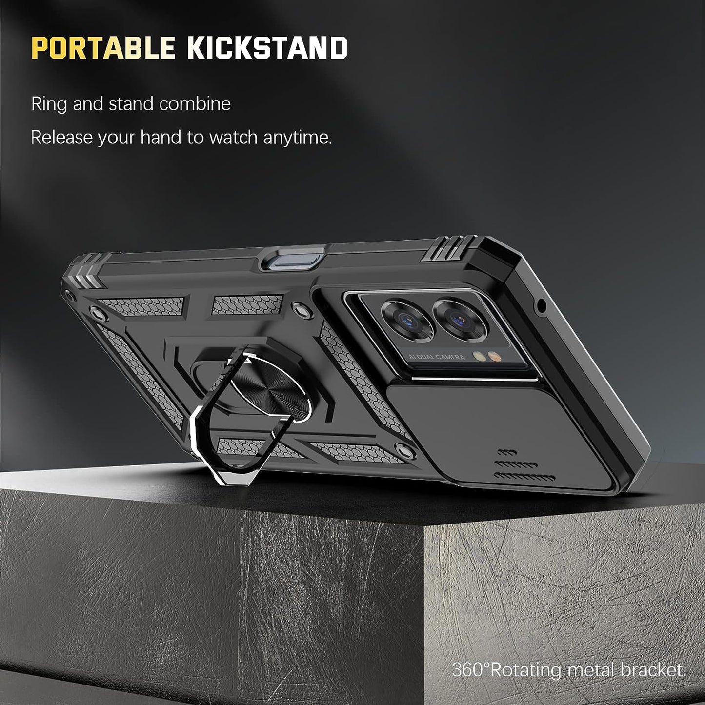 For Oneplus Nord N300 5G Case + Tempered Glass Screen Protector with Kickstand & Slide Lens Protector Cover,Heavy Duty Armor Shockproof Rugged Military Grade Protective Case for Oneplus N300 5G（Black)  Dretal   