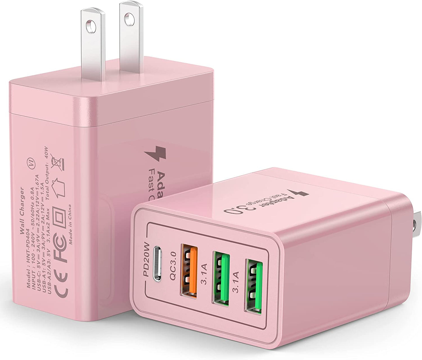 [2 Pack] USB-C Wall Charger, 40W Durable 4Port QC+PD 3.0 Power Adapter, Double Fast Plug Charging Block for Iphone 14/14 Pro/14 Pro Max/14 Plus/13/12/11, XS/XR/X, Watch Series 8/7 Cube(White)  CSODINCE Pink  