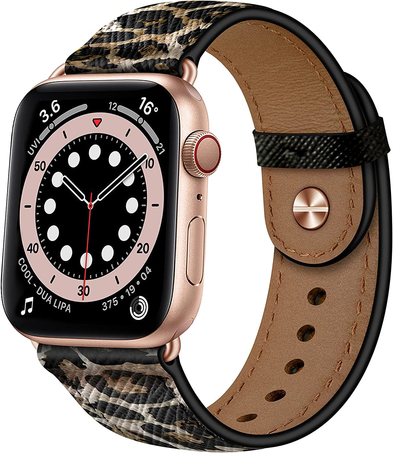 OUHENG Compatible with Apple Watch Band 49Mm 45Mm 44Mm 42Mm 41Mm 40Mm 38Mm, Genuine Leather Bands Strap for Iwatch Ultra SE2 SE Series 8 7 6 5 4 3 2 1 (Retro Brown/Black)  OUHENG Leopard/Rose Gold 49mm/45mm/44mm/42mm 