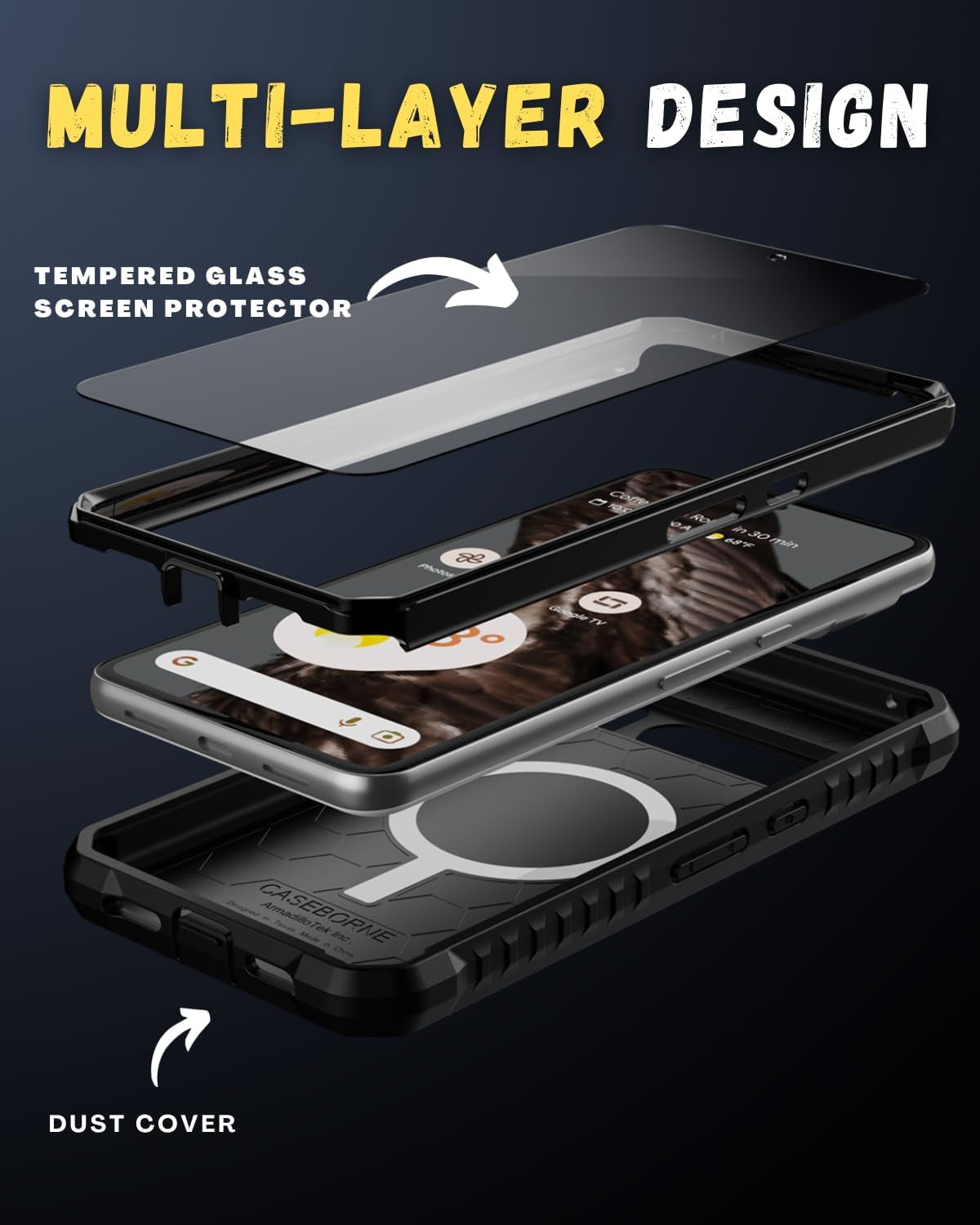 Caseborne Compatible with Google Pixel 8 Pro Protective Case - Compatible with Magsafe, Slim yet Rugged with Tempered Glass Screen Protector and Belt Clip Holster Black  Caseborne   