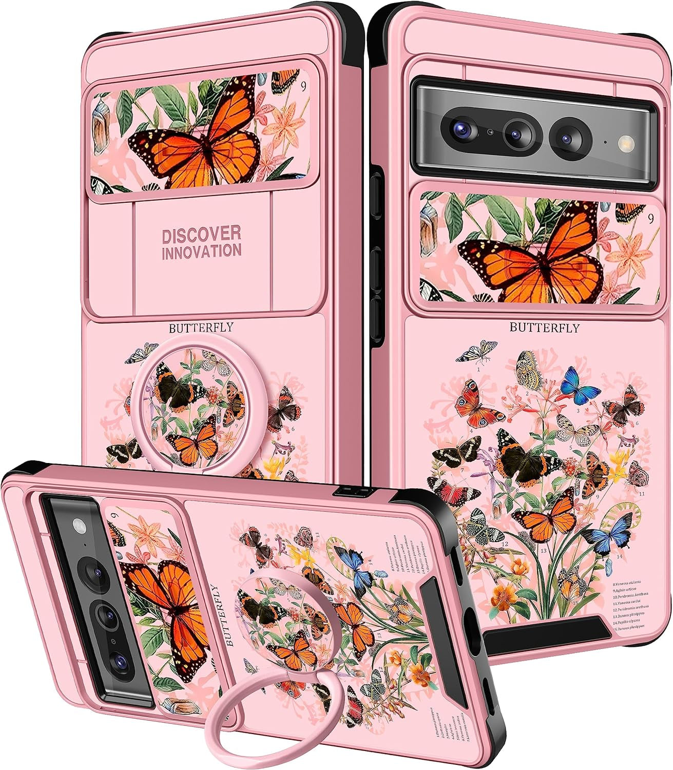 Funermei (2In1 for Google Pixel 7 Pro Case for Women Cute Butterfly Phone Cover Girls Teens Flower Pretty Aesthetic Green Design with Camera Cover and Ring Stand Funda for Google Pixel Pro 7 Case  Funermei 1-For Pixel 7 Pro-Pink Butterfly  