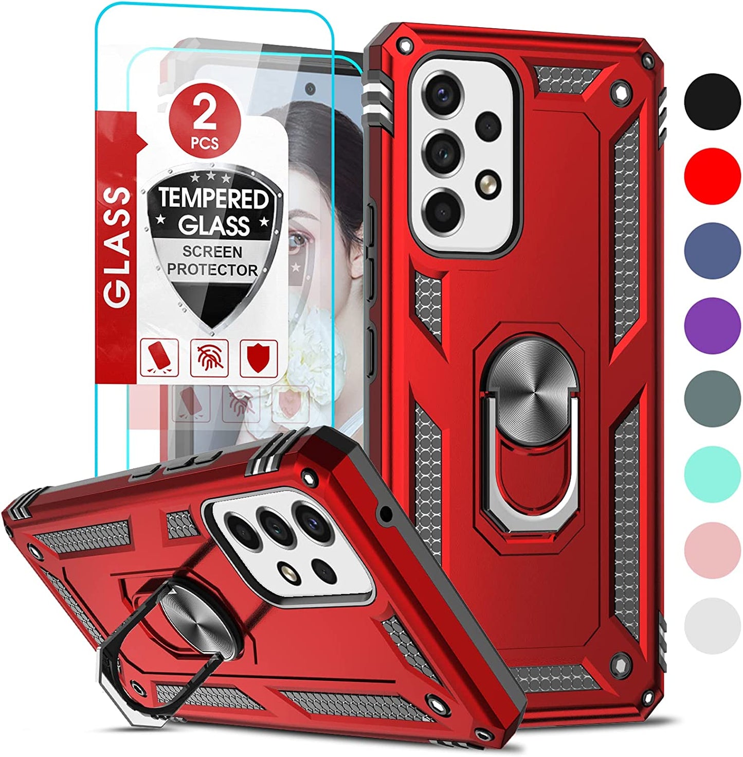 Leyi for Galaxy A53 5G Case with [2 Pack] Screen Protectors, A53 5G Case [Military-Grade] Shockproof Protective Case, Samsung Galaxy A53 Ring Kickstand Phone Cover Case for Samsung A53 5G, Black  LeYi Red  
