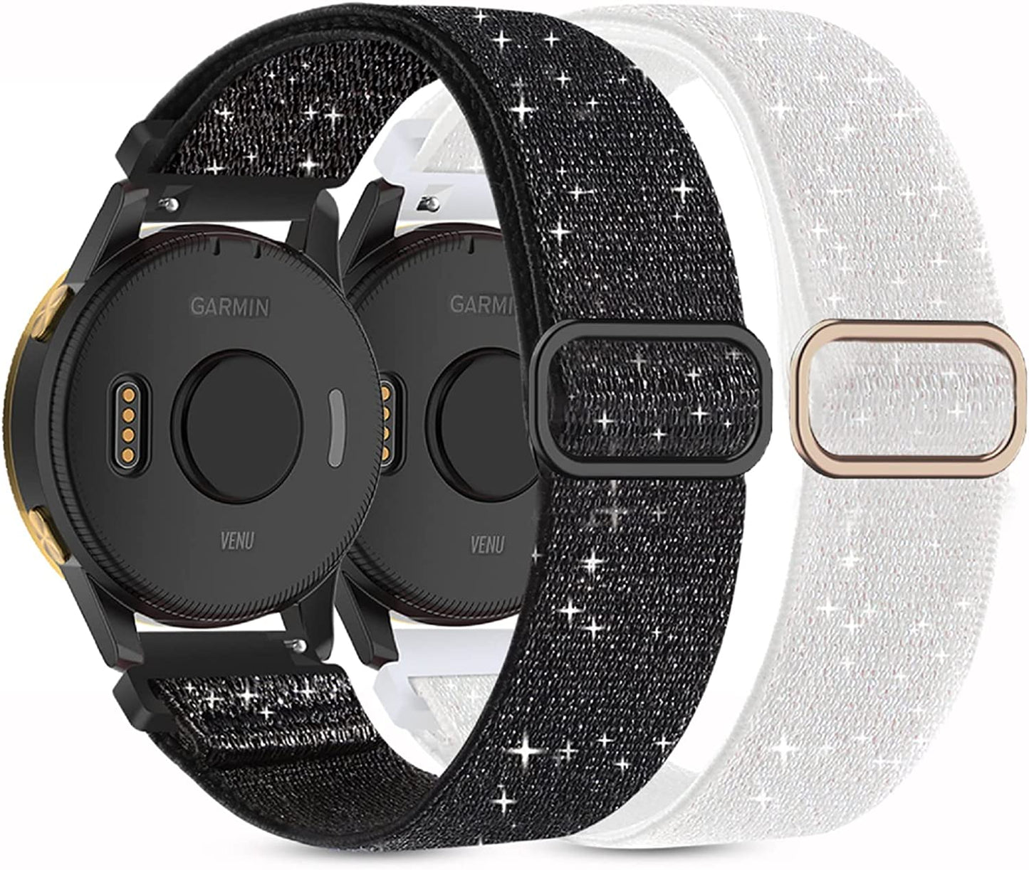 2 Pack Stretchy Nylon Watch Bands Compatible with Garmin Venu/Venu Sq, 20Mm Loop Elastic Straps for Garmin Vivoactive 3,Venu 2 Plus/Venu Sq 2,Forerunner 645/55/245 Music for Women Men.  Kollody Bling black/Bling white  