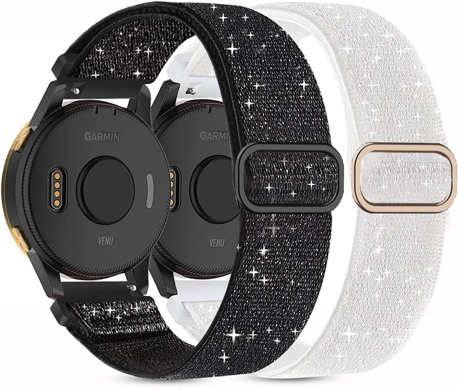 2 Pack Stretchy Nylon Watch Bands Compatible with Garmin Venu/Venu Sq, 20Mm Loop Elastic Straps for Garmin Vivoactive 3,Venu 2 Plus/Venu Sq 2,Forerunner 645/55/245 Music for Women Men.  Kollody Bling black/Bling white  