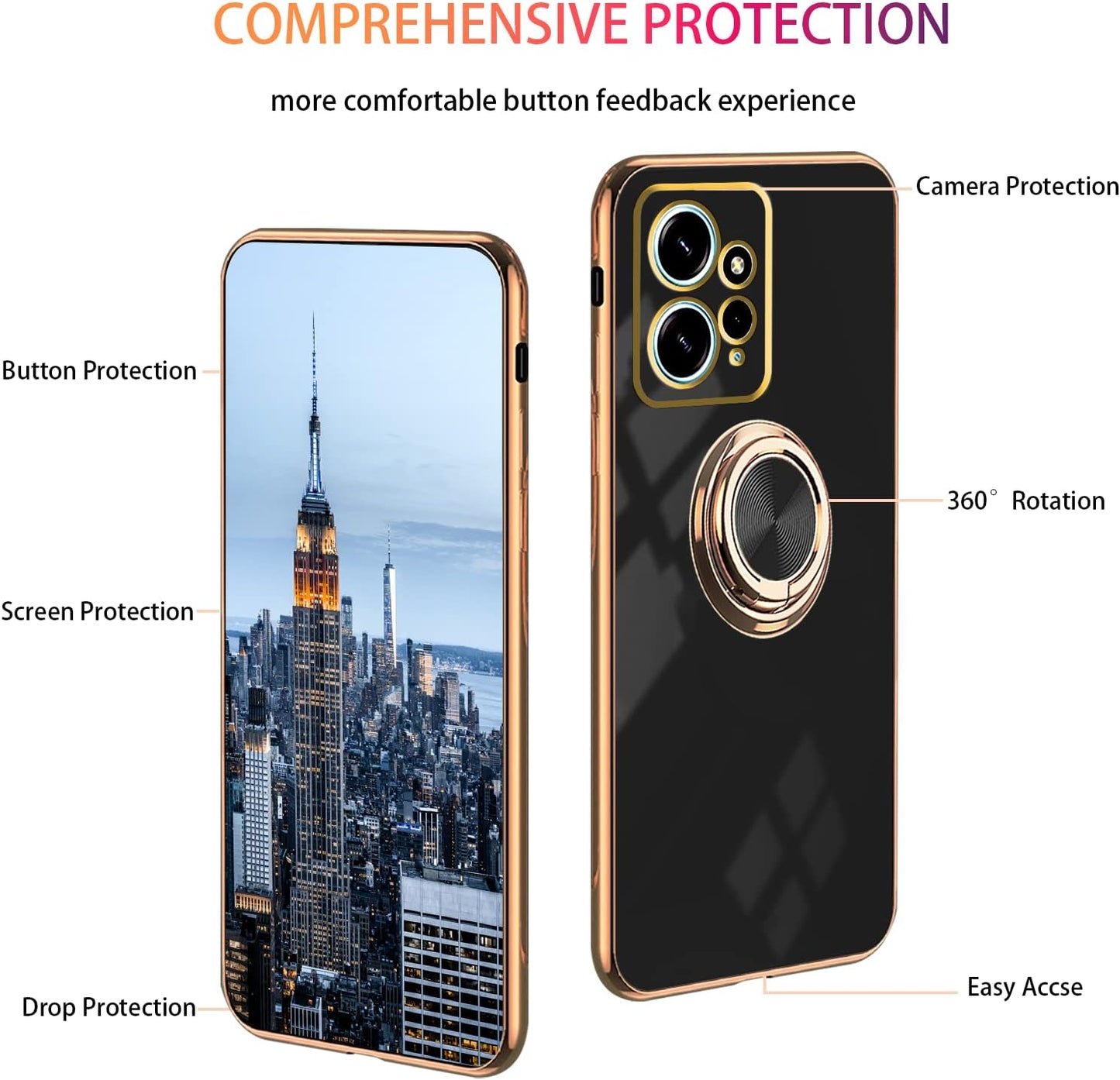 Tiwinxing Compatible with Xiaomi Redmi Note 12 4G Case for Women Men Cute Redmi Note 12 4G Phone Case Shockproof with Luxury Plating Gold Edge Kickstand Protective Cases Cover (Black)  Tiwinxing   