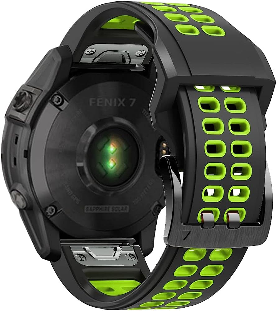 REYDA Silicone Band Compatible for Garmin Fenix 7/6/6 Pro/5/5 Plus, Soft Breathable Silicone Metal Bracelet Sport Wristband Replacement Band for Garmin Forerunner 935/945/955/965/Approach S60/S62  REYDA Black/Green  