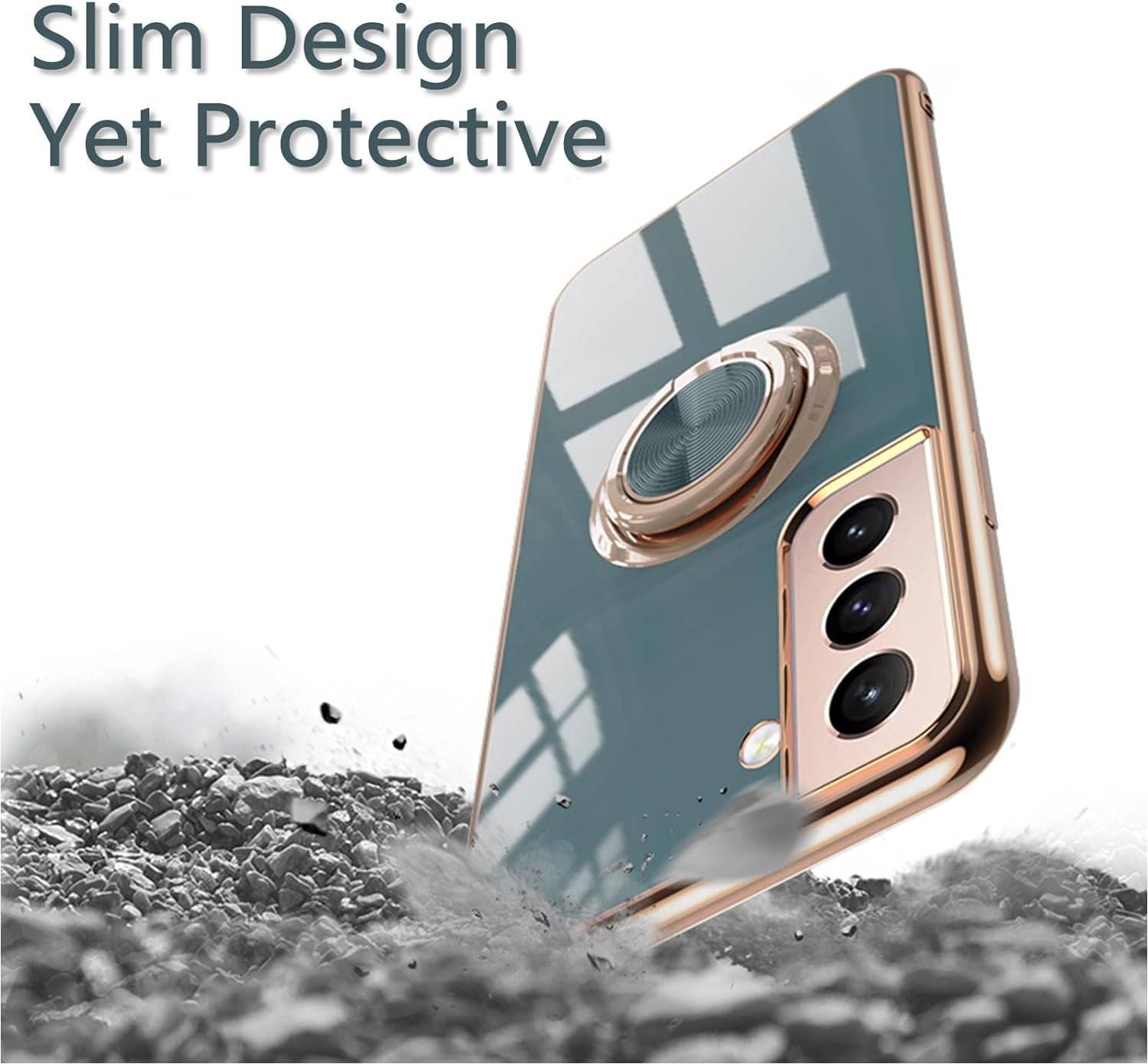 Aowner for Samsung Galaxy S21 Ultra Ring Holder Case Shiny Plating Rose Gold Edge 360 Degree Rotation Kickstand for Women Girls Slim Soft Flexible TPU Protective Cover Case, 6.8 Inch, Teal  aowner   