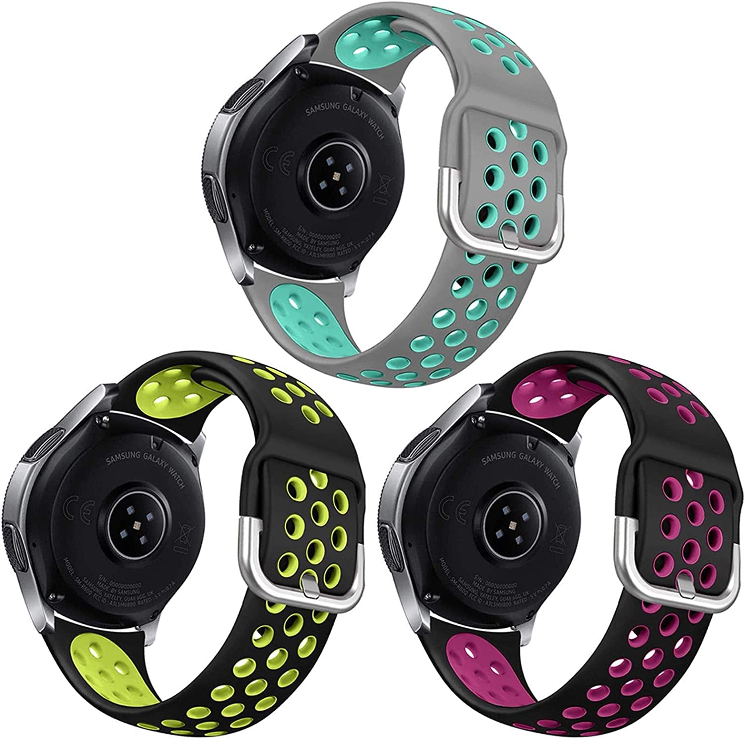 NAHAI 3 Pack Sport Bands Compatible with Samsung Galaxy Watch 46Mm/Gear S3 Frontier for Men Women, 22Mm Watch Band Silicone Quick Release Rubber Replacement Strap for Galaxy Watch 3 LTE (45Mm)  NAHAI Black/Rose Purple,Grey/Teal,Black/Green S: 5.9"-7.6" 