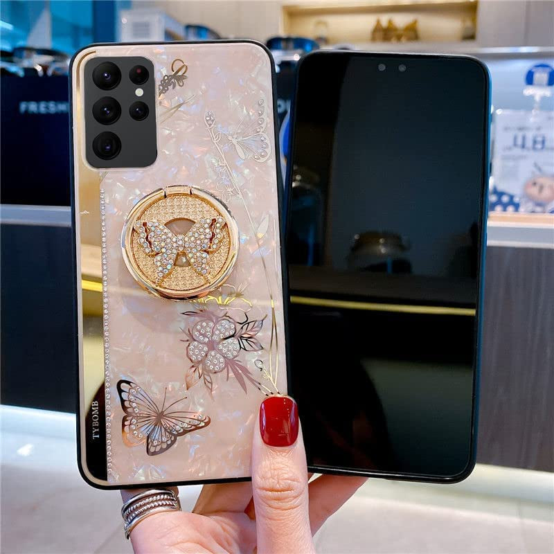Topwin Kickstand Case, Cute Marble Conch Shell Floral Butterfly with Ring Stand Elegant Shockproof Protective Cover for Girls Women for Samsung Galaxy S22 plus (Rose Gold)  Topwin   