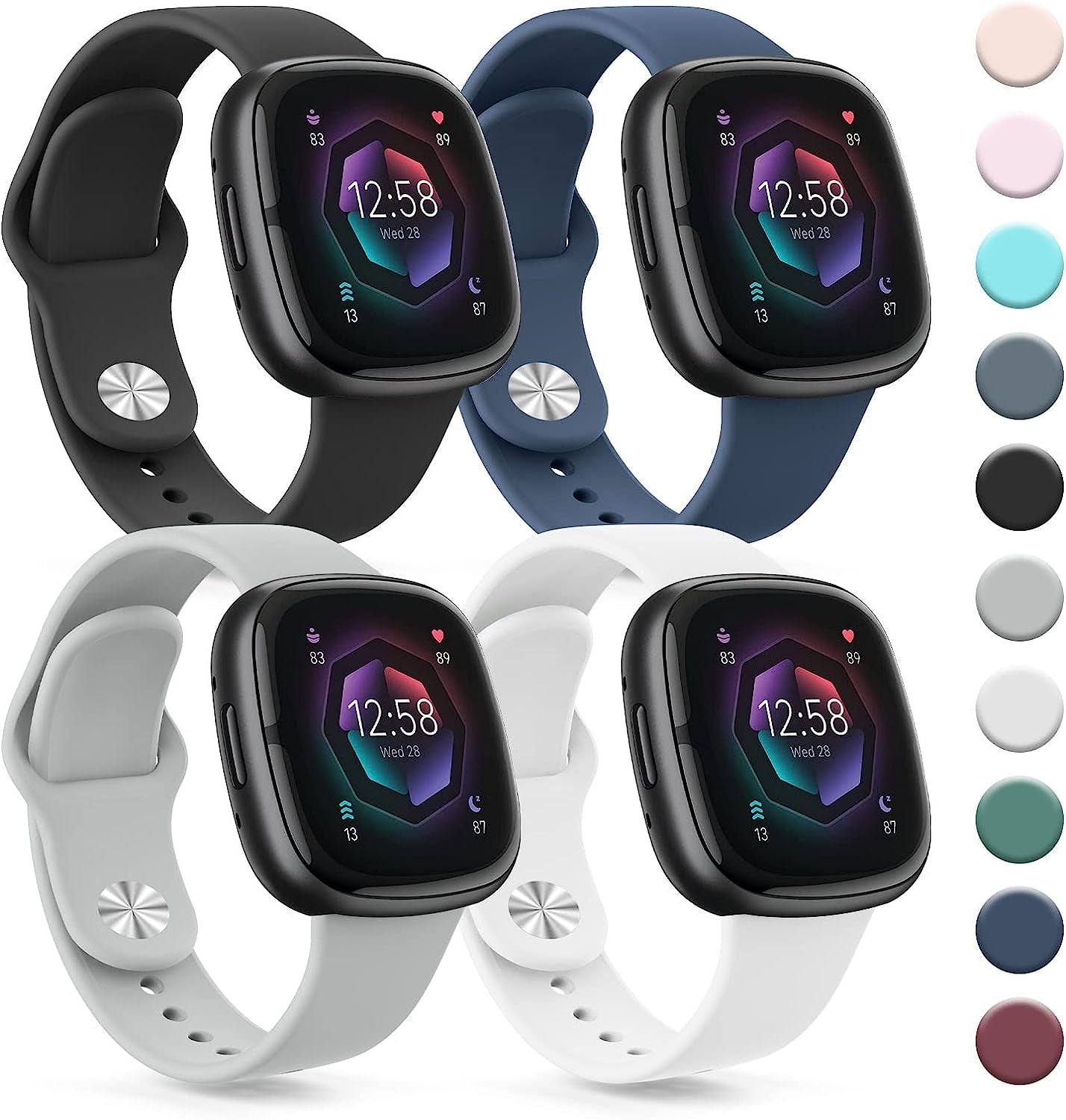 4 PACK Silicone Bands Compatible with Fitbit Versa 4 / Versa 3 Bands/Fitbit Sense 2 / Sense Bands Women Men, Soft Replacement Straps for Fitbit Versa 4 / Versa 3 / Sense 2 / Sense Smart Watch  AK   