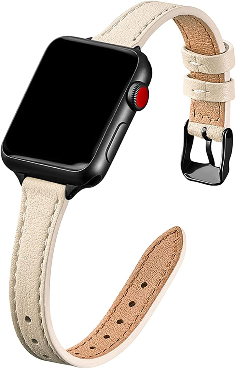 STIROLL Slim Leather Bands Compatible with Apple Watch Band 38Mm 40Mm 41Mm 42Mm 44Mm 45Mm 49Mm, Top Grain Leather Watch Thin Wristband for Iwatch Ultra SE Series 8/7/6/5/4/3/2/1  STIROLL Beige with Black 38mm/40mm/41mm 