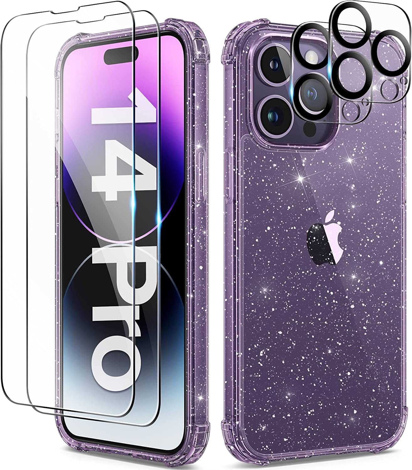 BERFY for Iphone 14 Pro Case Clear, with 2X Screen Protector + 2X Camera Lens Protector, [Non-Yellowing] [Military Grade Protection] Shockproof Phone Case 6.1 Inch, Gradient  BERFY Clear Purple Iphone 14 Pro 6.1" 