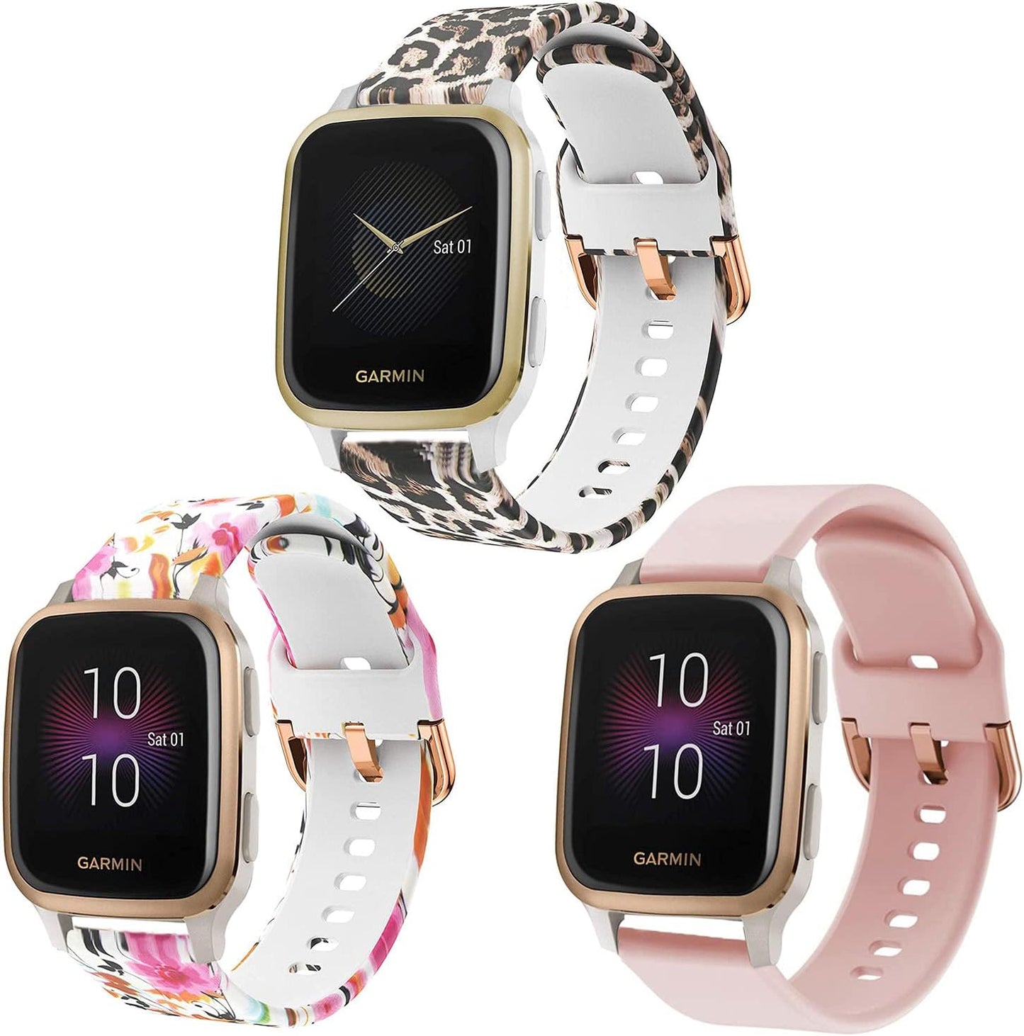 Vicrior Bands Compatible with Garmin Venu/Venu SQ/SQ 2 Smart Watch, Quick Release Soft Silicone Fadeless Pattern Printed Floral Replacement Band for Garmin Venu Sq Music  ViCRiOR 3 Pack（Leopard+Flower+Pink）  