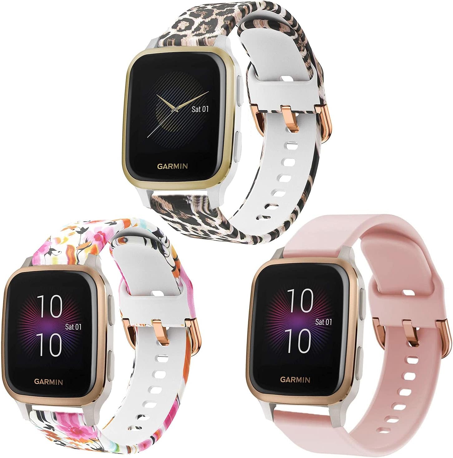 Vicrior Bands Compatible with Garmin Venu/Venu SQ/SQ 2 Smart Watch, Quick Release Soft Silicone Fadeless Pattern Printed Floral Replacement Band for Garmin Venu Sq Music  ViCRiOR 3 Pack（Leopard+Flower+Pink）  