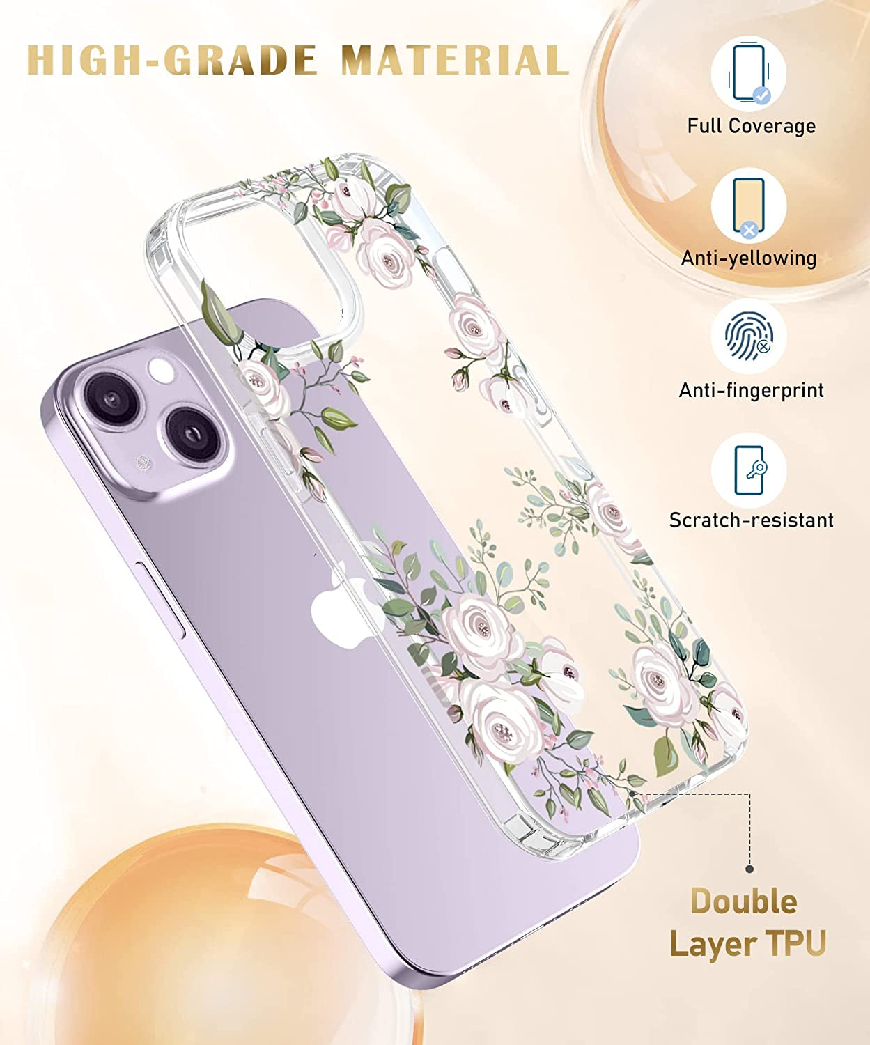 MIODIK Compatible with Iphone 14 Case with Screen Protector + Camera Lens Protector, [Anti-Yellow] Clear Floral Phone Case, Protective Shockproof Cover for Women Girls 6.1 Inch - Camellia/Ivory  MIODIK   