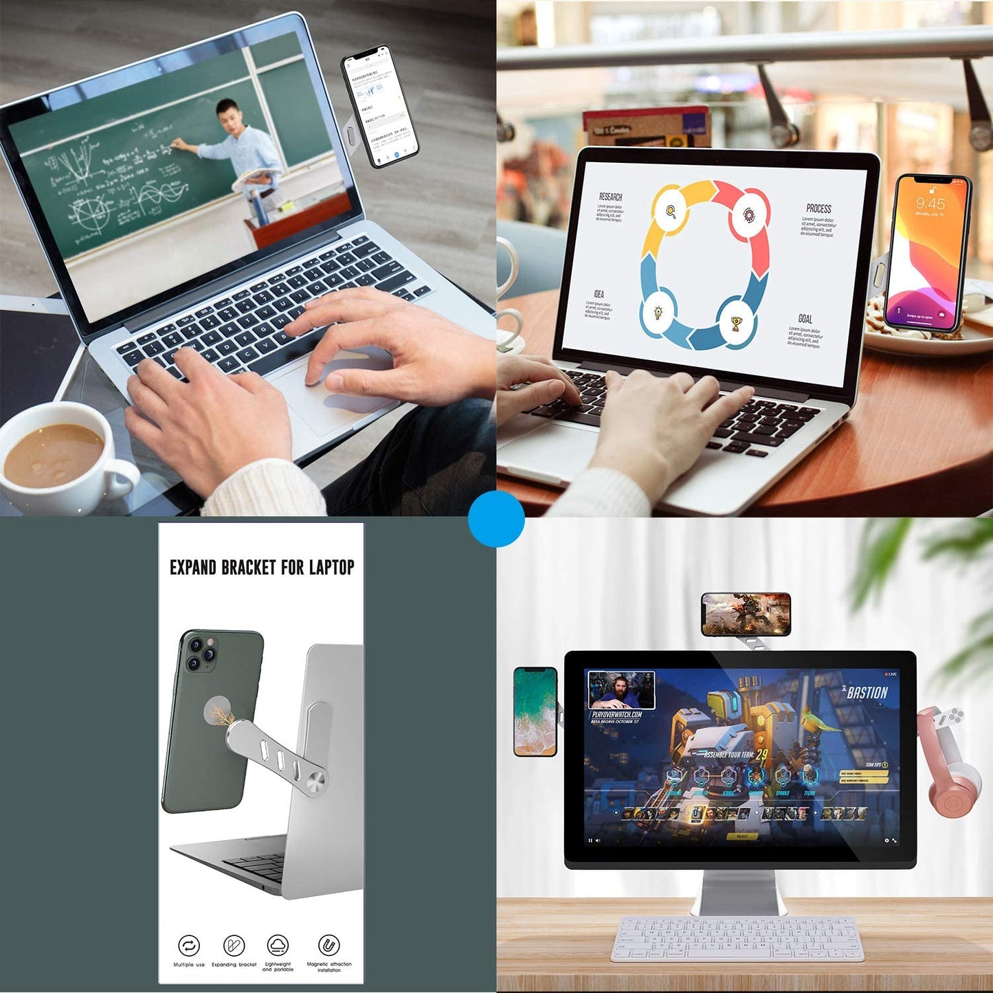 DK177 Magnetic Phone Holder, Laptop or Desktop Monitor Side Mount Phone Holder, Slim Portable Foldable Computer Expansion Bracket Compatible with Any Phone, Silver  DK177   